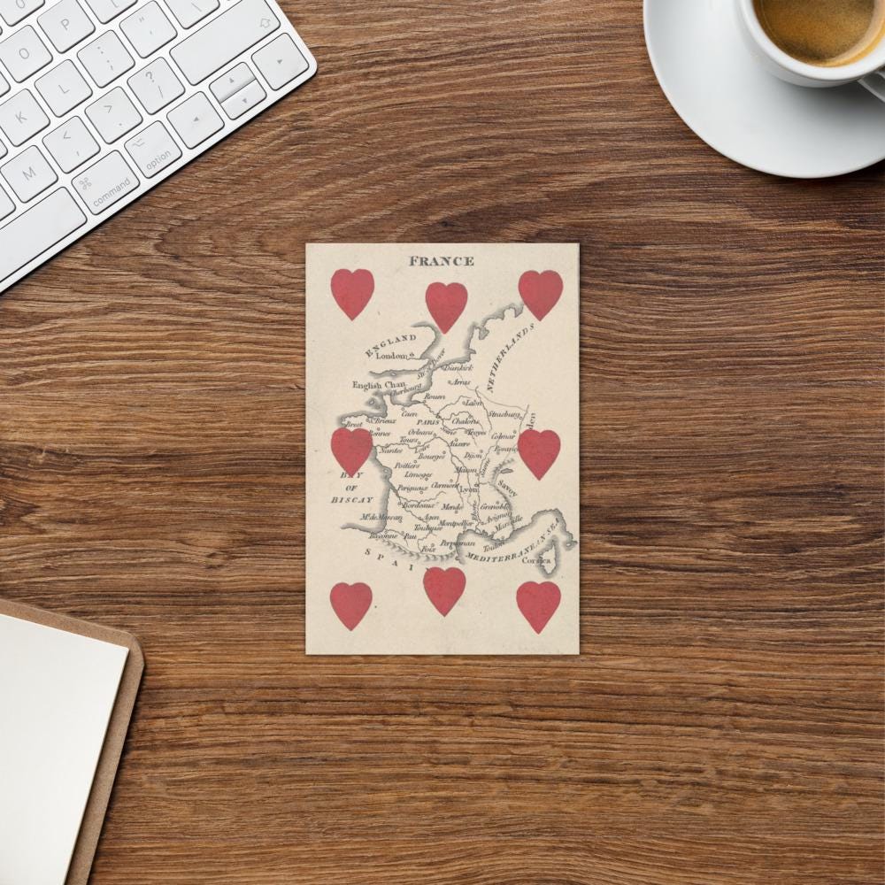 Vintage France Map Greeting Card – Romantic Antique Cartography Card