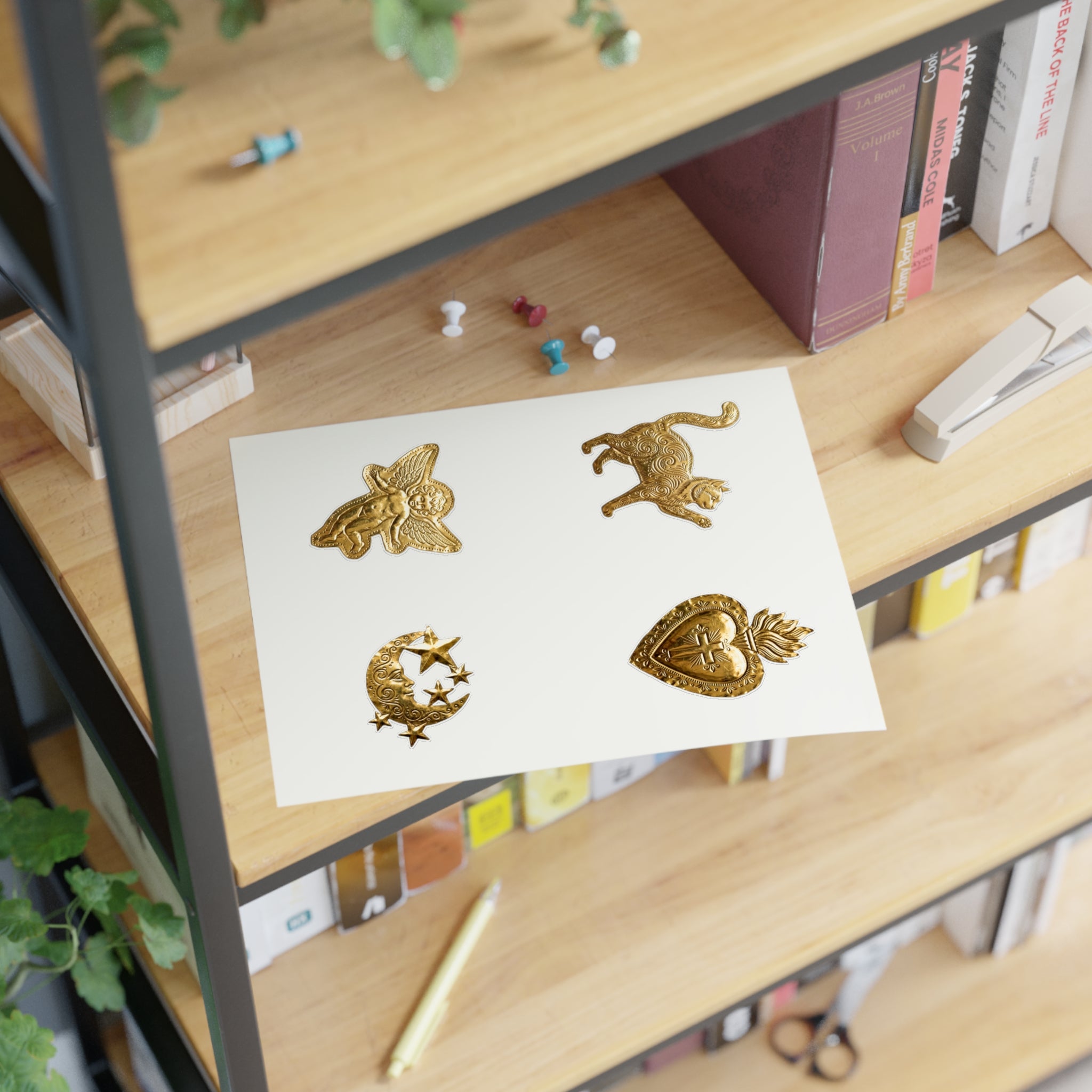 Gold Embossed Symbol Sticker Sheet — Moon, Heart, Angel & Cat Decorative Stickers