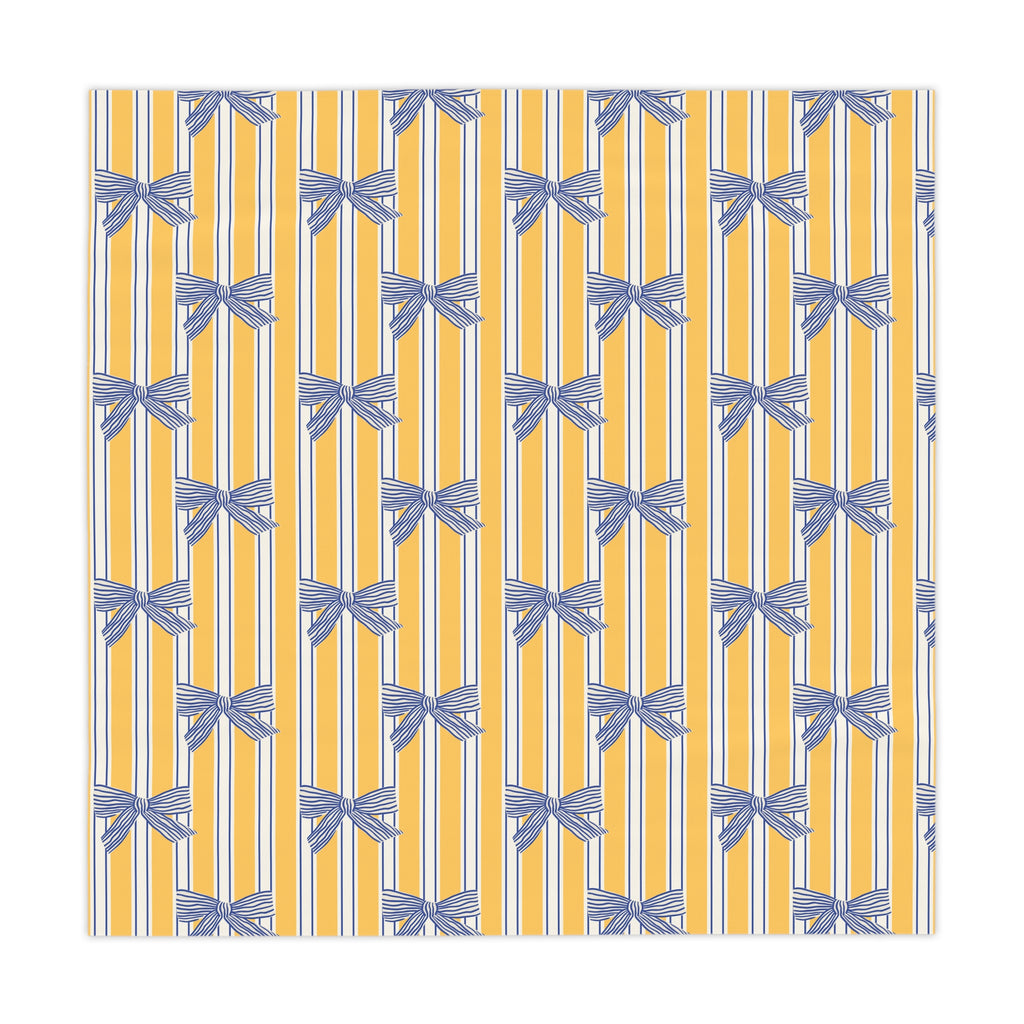 Striped Yellow Tablecloth with Blue Bow Pattern