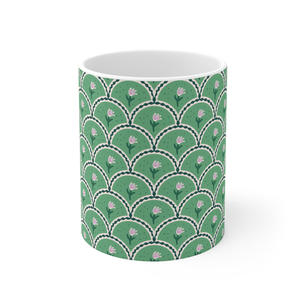 Floral Scallop Pattern Ceramic Mug — Green Lotus 11oz/15oz