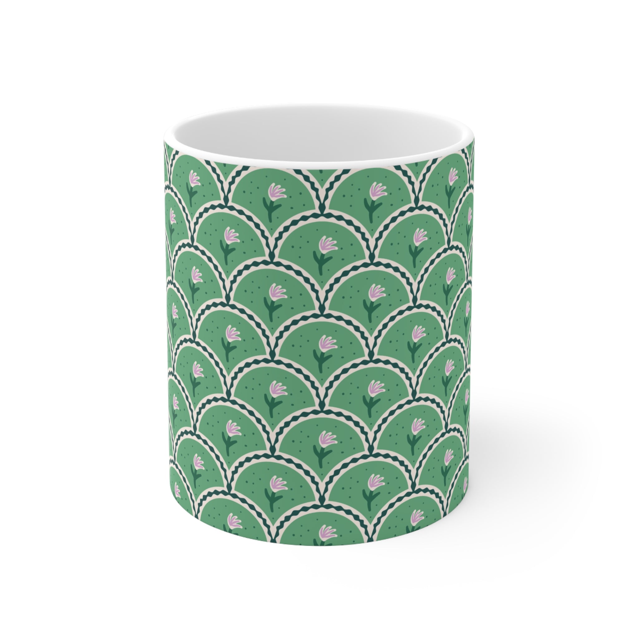 Floral Scallop Pattern Ceramic Mug — Green Lotus 11oz/15oz