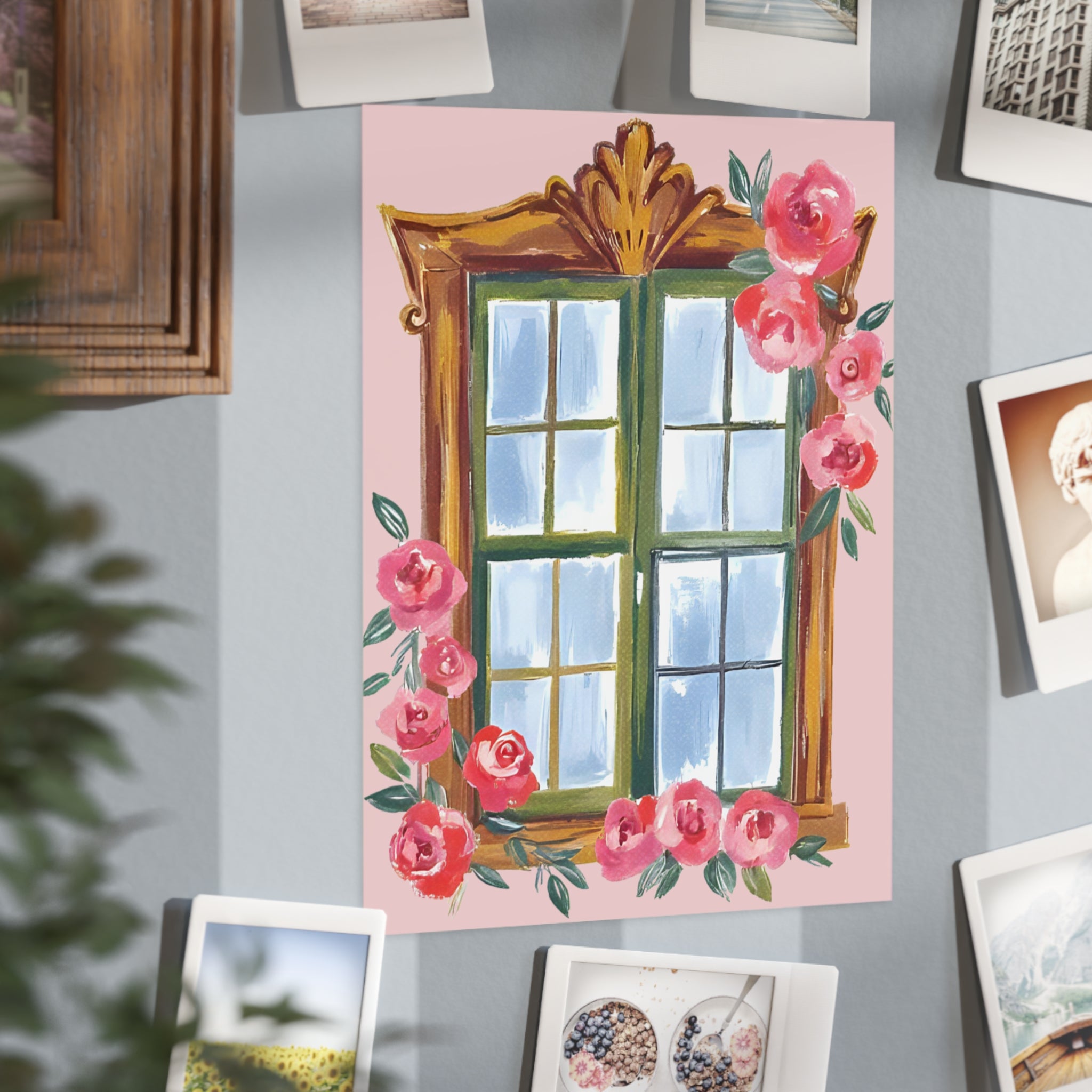 Floral Window Art Print — Pink Rose Illustration Unframed Print