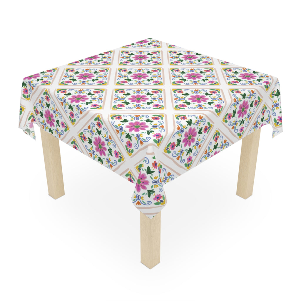Floral Tile Tablecloth — Pink Mediterranean Mosaic Table Cover