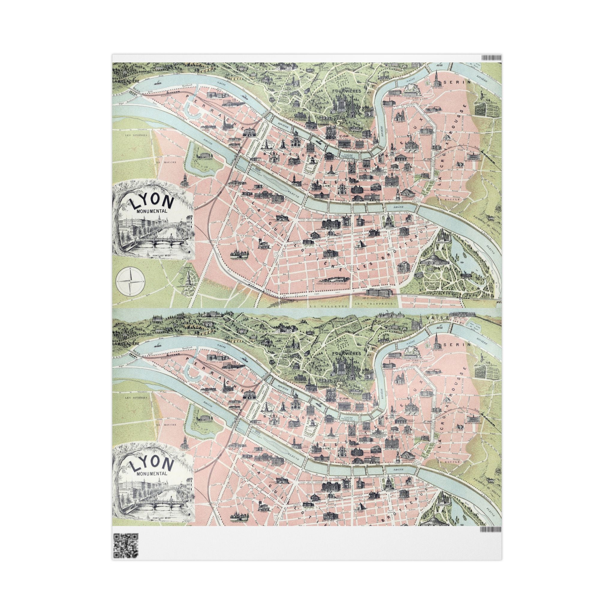 Wrapping Paper, Lyon City Map Gift Wrap, Vintage French Cartography Design