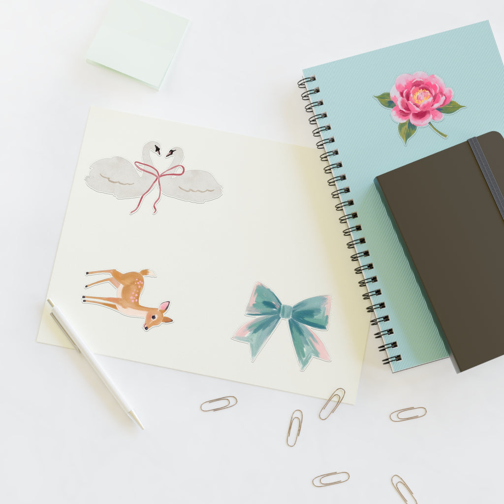 Sticker Sheets — Watercolor Deer, Peony, Swan Hearts & Pastel Bow Set
