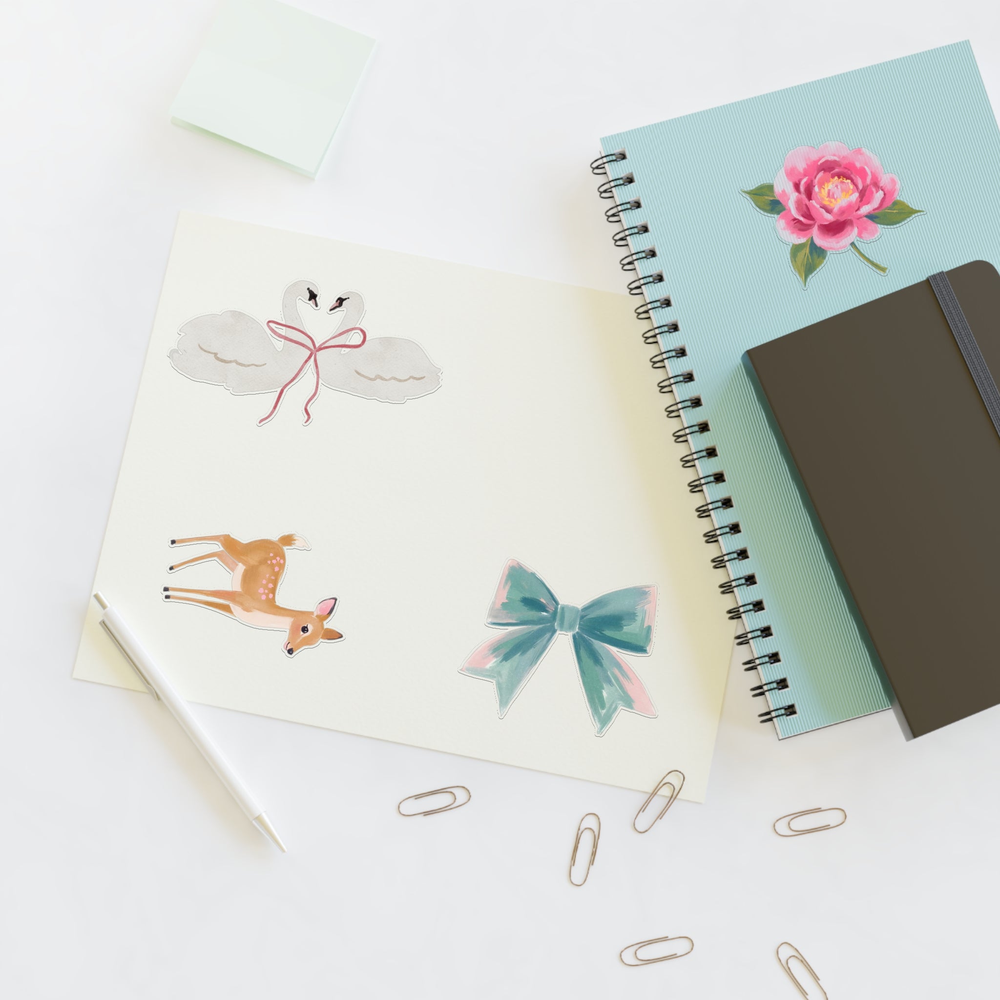 Sticker Sheets — Watercolor Deer, Peony, Swan Hearts & Pastel Bow Set