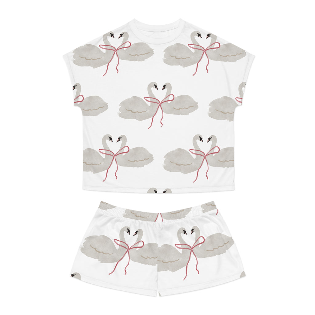 Women's Pajama Set, Swan Ribbon Sleepwear, Cute White Swan Short Set