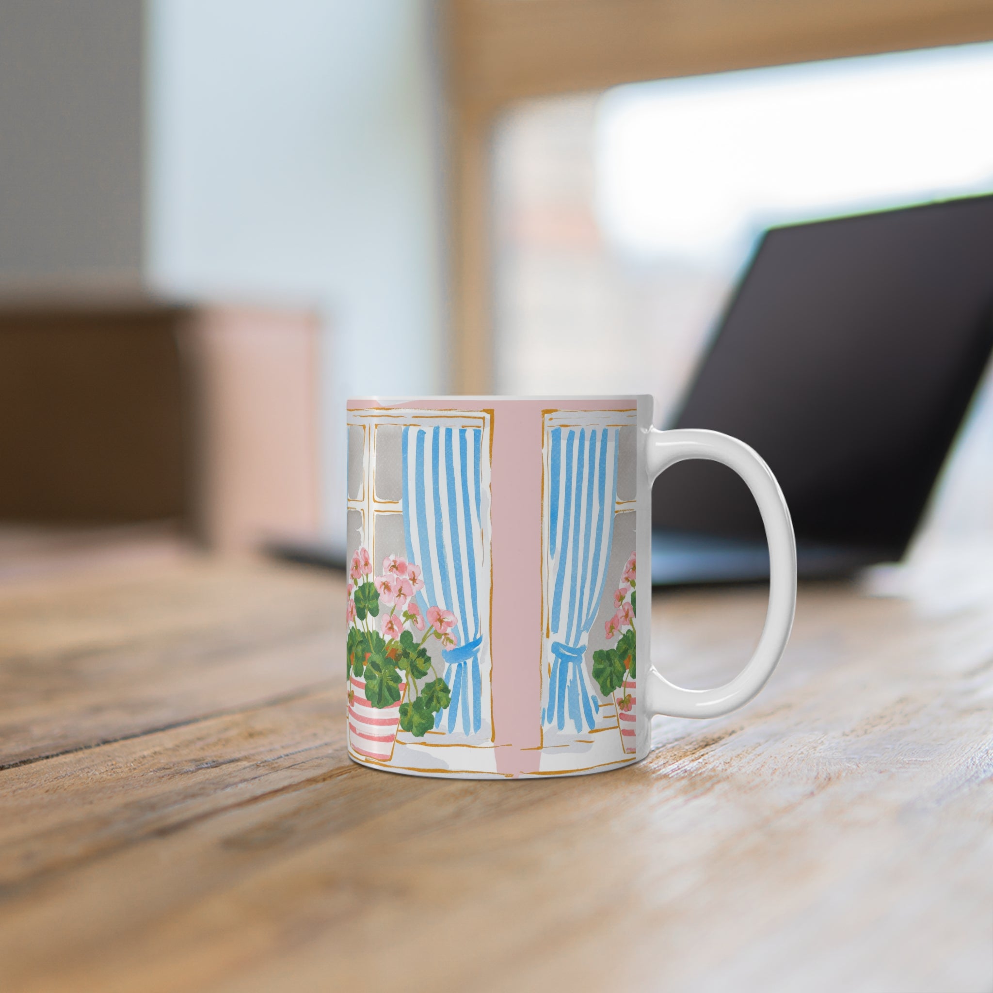 Floral Window Coffee Mug — Pink Geraniums & Blue Curtains (11oz/15oz)