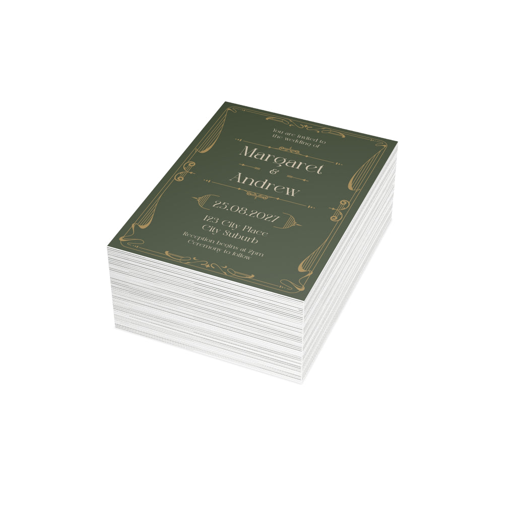 Green Art Nouveau Wedding Invitation | Customizable Flat Card Pack (10, 30, 50 Count)