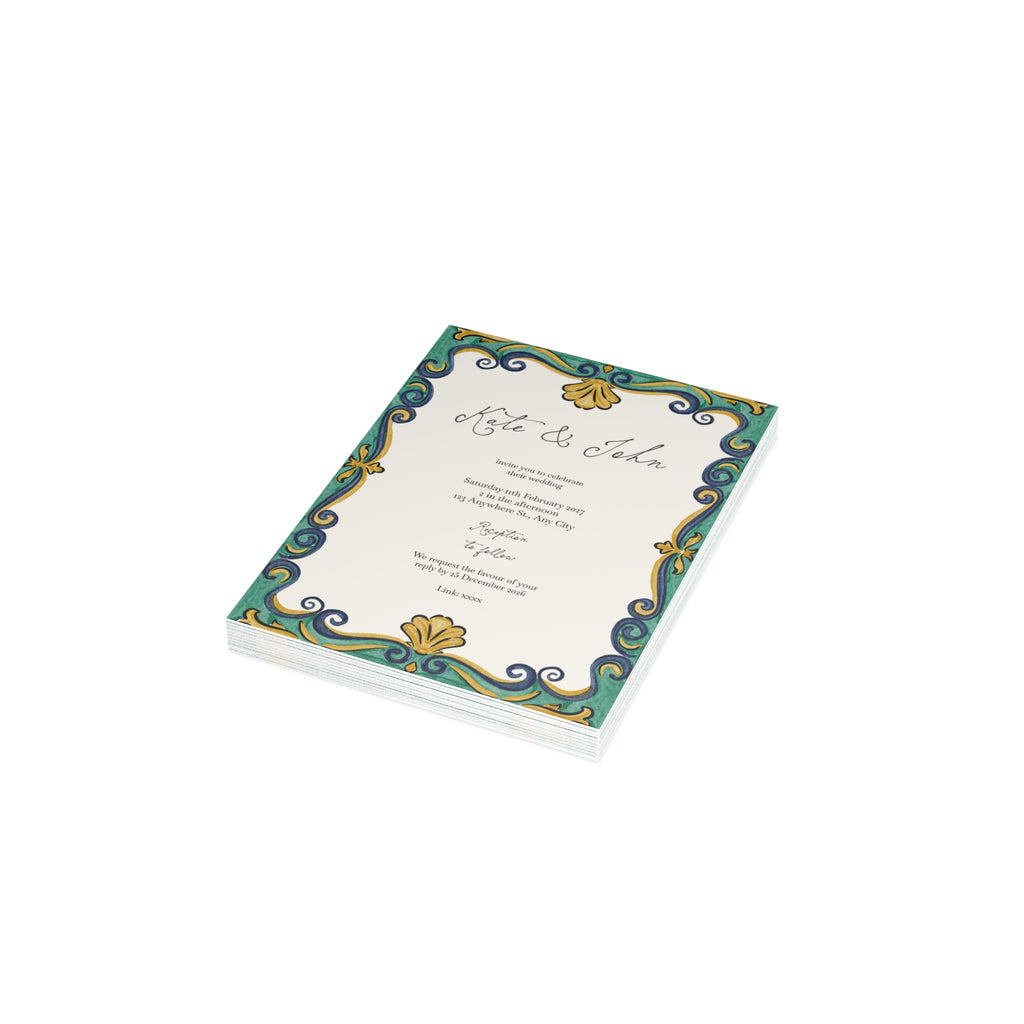 Rustic Watercolour Mediterranean Wedding Invitation | Customizable Flat Card Pack (10, 30, 50 Count)