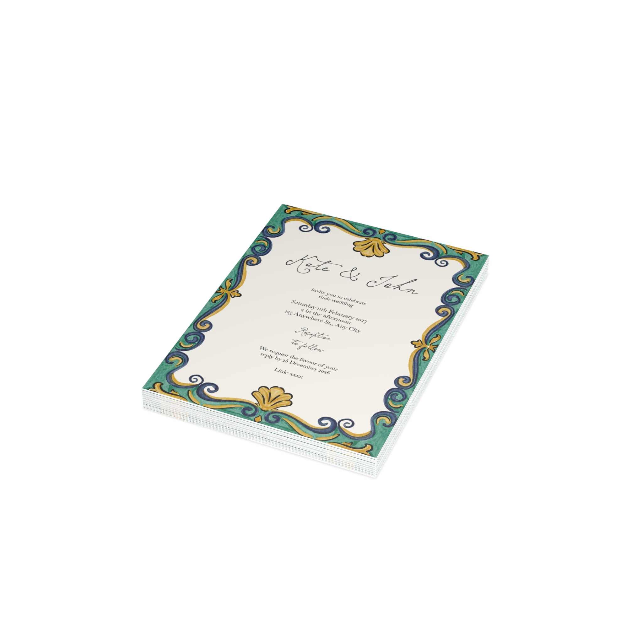Rustic Watercolour Mediterranean Wedding Invitation | Customizable Flat Card Pack (10, 30, 50 Count)