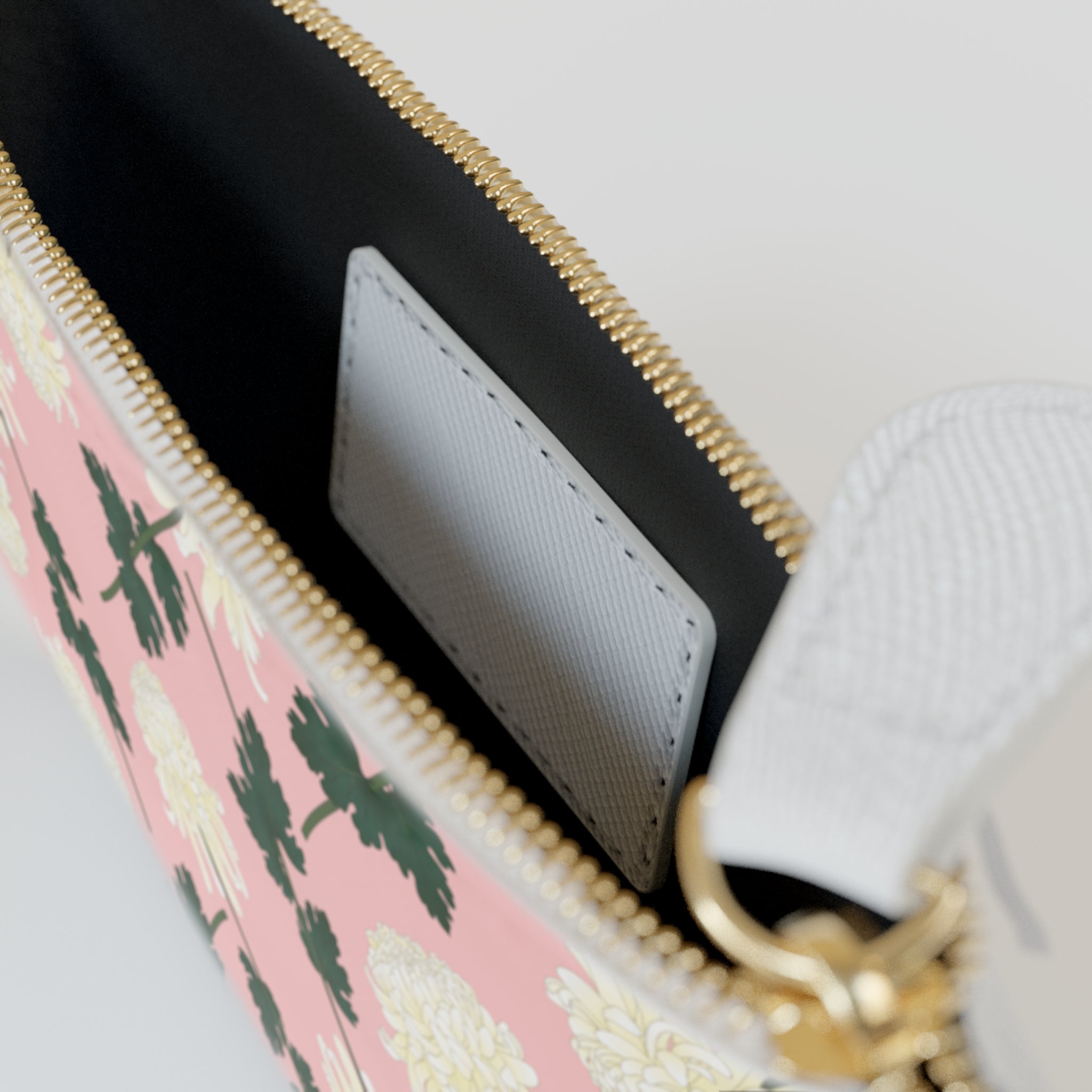 Pink Floral Mini Clutch Bag — White Chrysanthemum Pattern Coin Purse