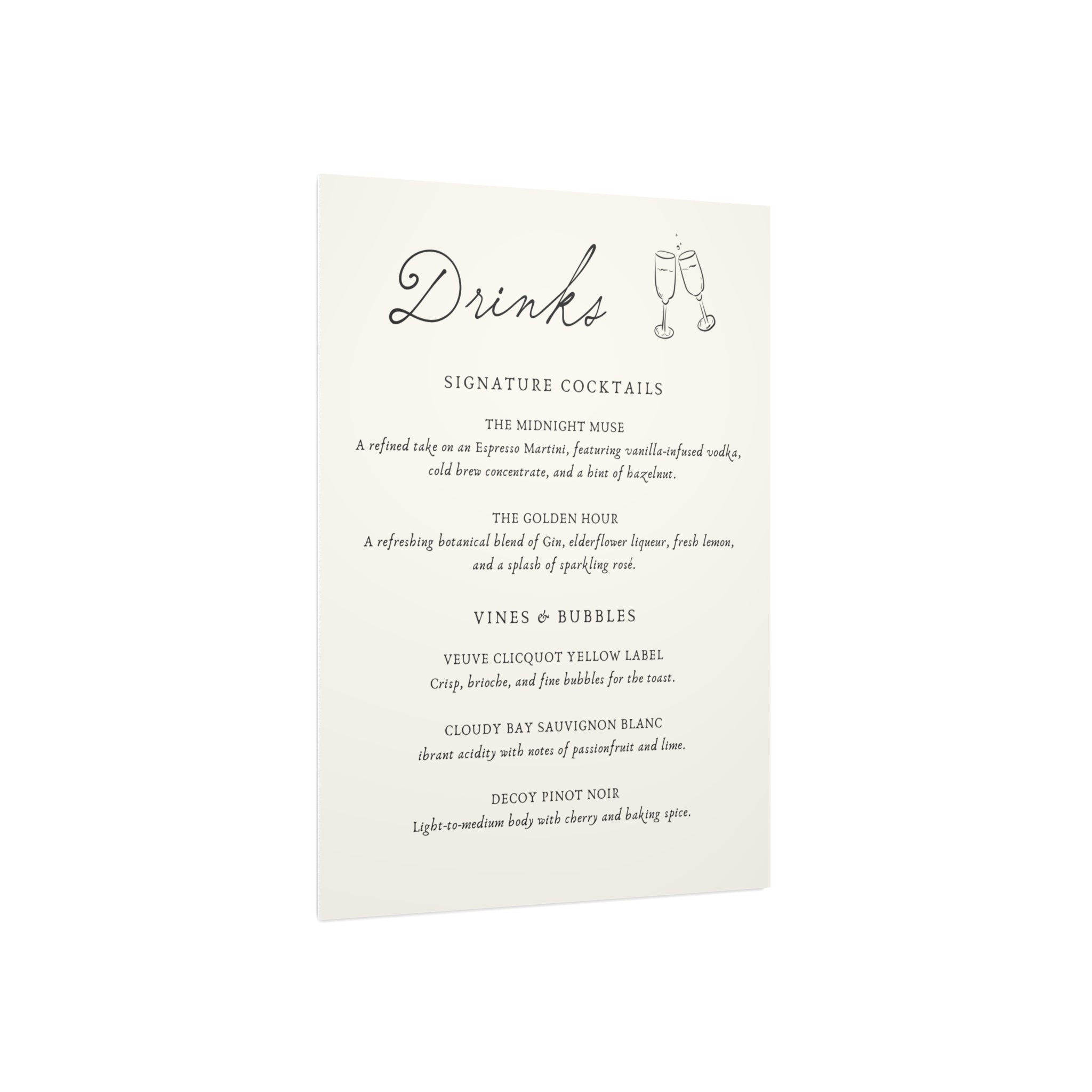Drinks Menu Foam Board — Elegant Signature Cocktails Sign