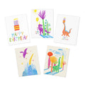 Whimsical Birthday Cards 5-Pack — Colorful Dino & Party Illustrations