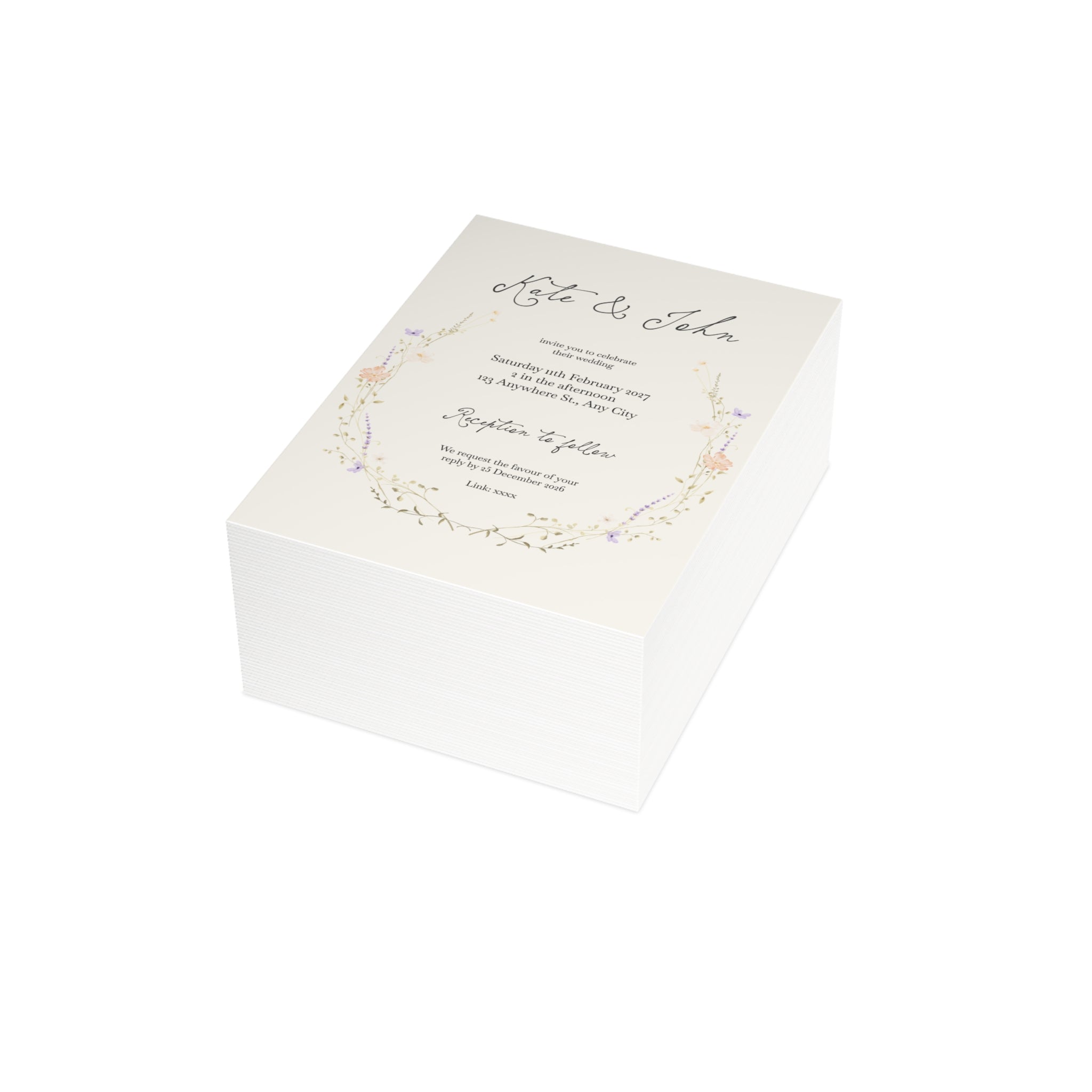 Customizable Romantic Botanical Wedding Invitation Pack (10, 30, or 50 Count) - Envelopes included