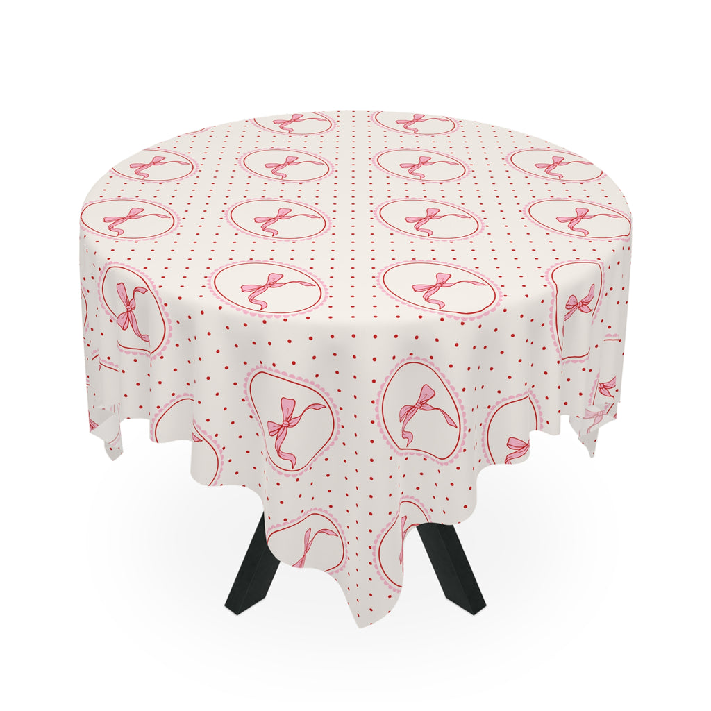 Pink Bow Polka Dot Tablecloth — Vintage Romantic Dining Linen