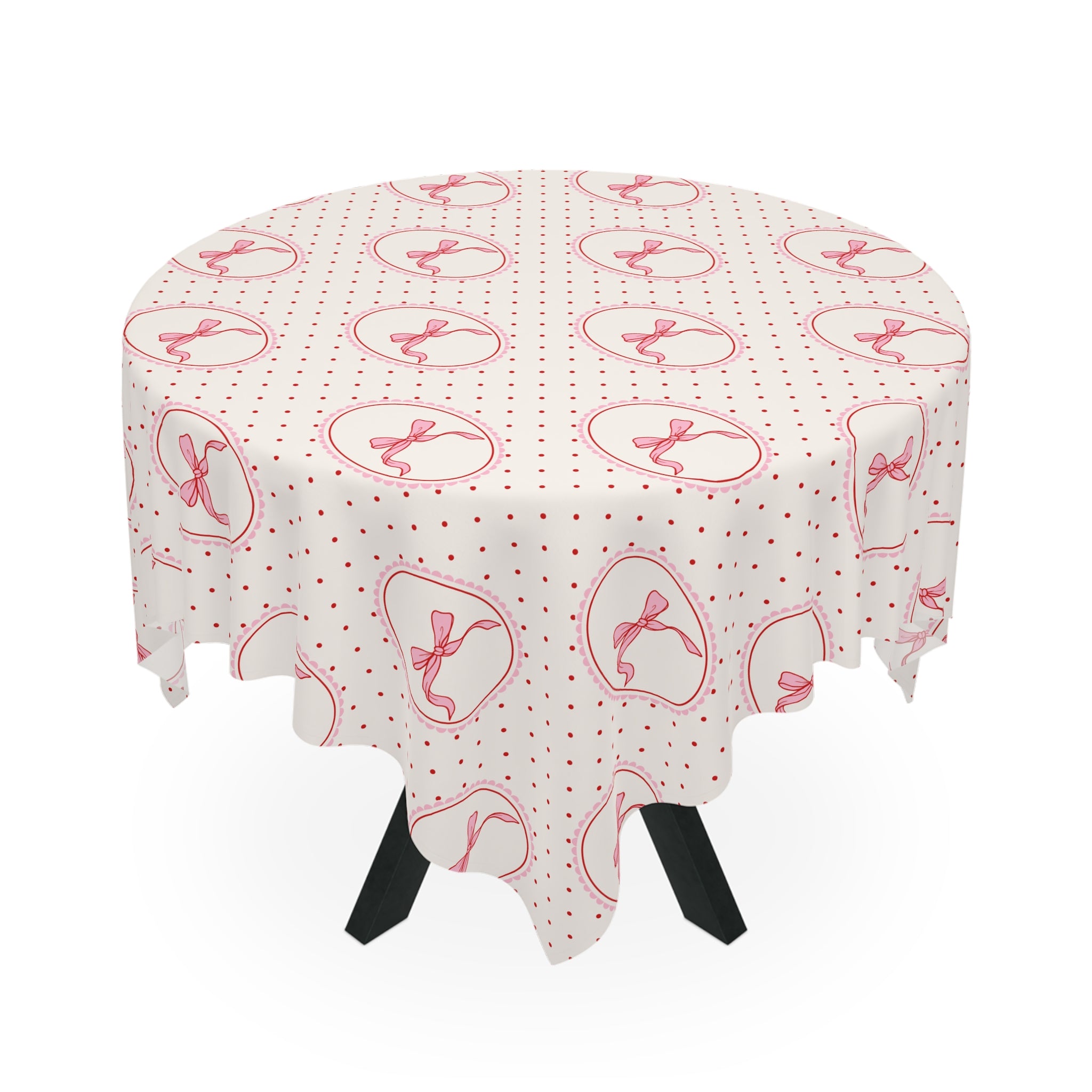 Pink Bow Polka Dot Tablecloth — Vintage Romantic Dining Linen