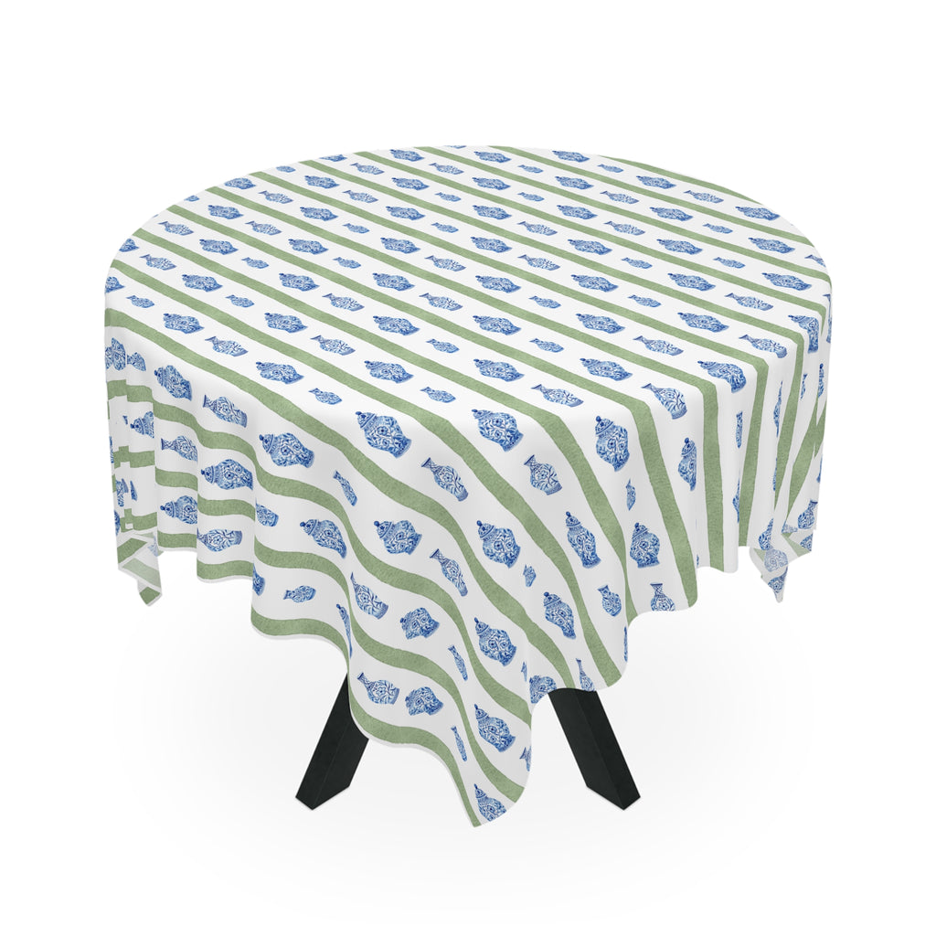 Chinoiserie Tablecloth | Blue Floral Stripe Dining Linen