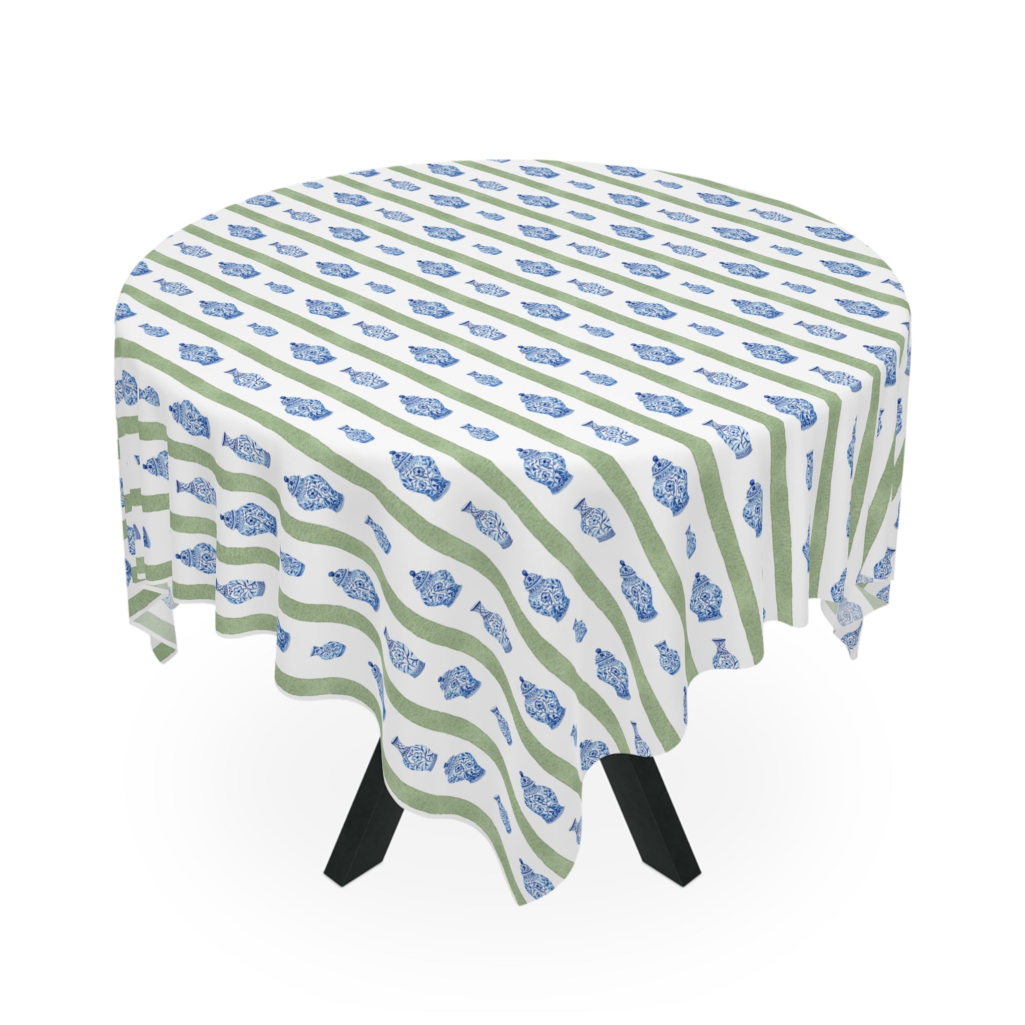 Chinoiserie Tablecloth | Blue Floral Stripe Dining Linen