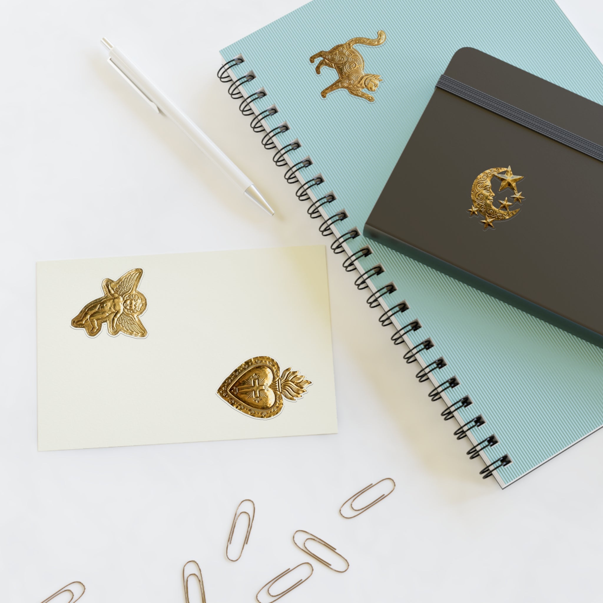 Gold Embossed Symbol Sticker Sheet — Moon, Heart, Angel & Cat Decorative Stickers