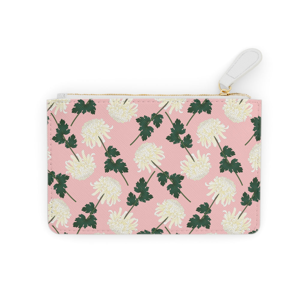 Pink Floral Mini Clutch Bag — White Chrysanthemum Pattern Coin Purse