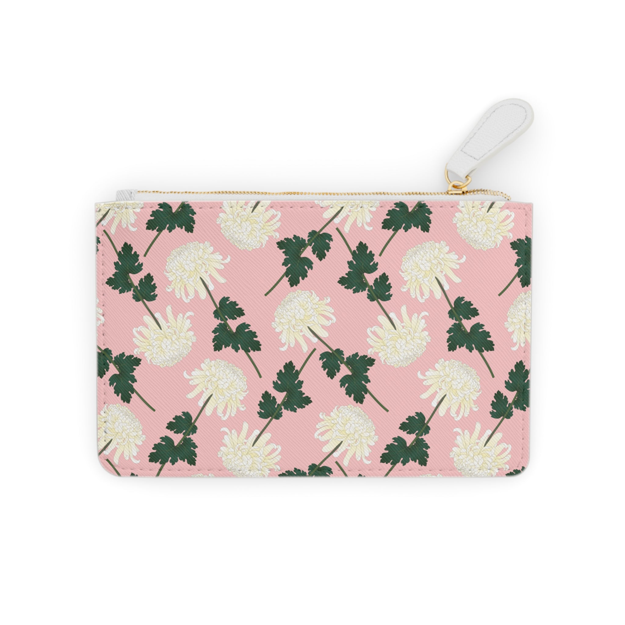 Pink Floral Mini Clutch Bag — White Chrysanthemum Pattern Coin Purse