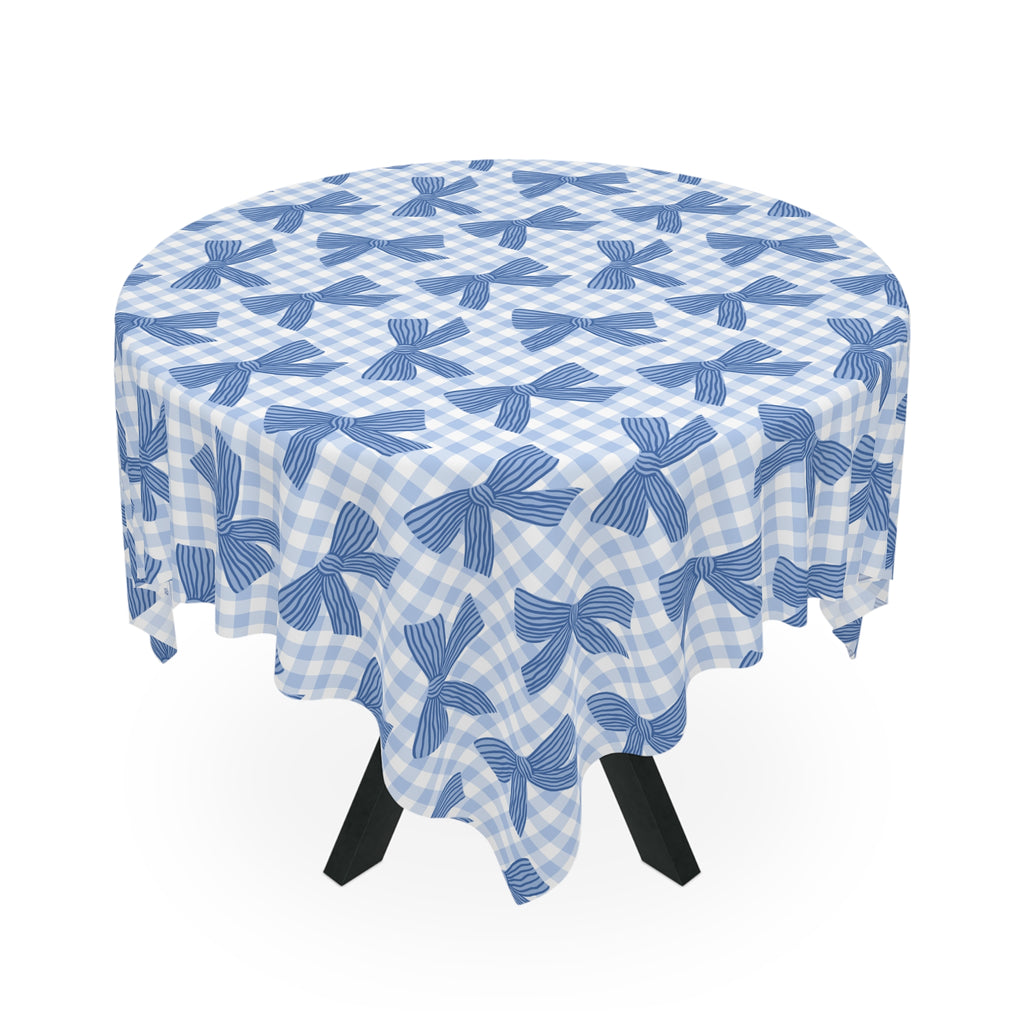 Blue Gingham Bow Tablecloth — Farmhouse Table Linen for Spring, Baby Shower & Everyday Dining
