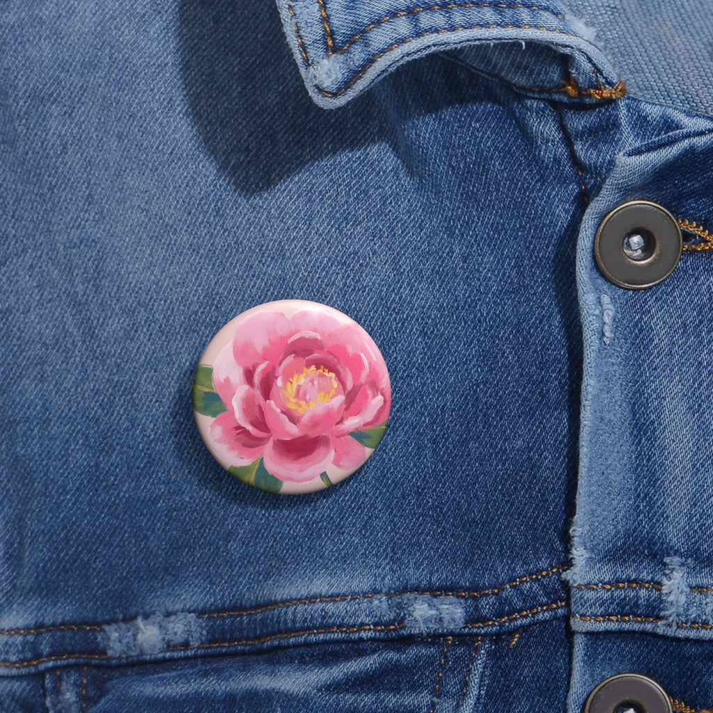 Floral Pink Peony Pin Button — Cute Flower Lapel Pin for Jackets & Bags