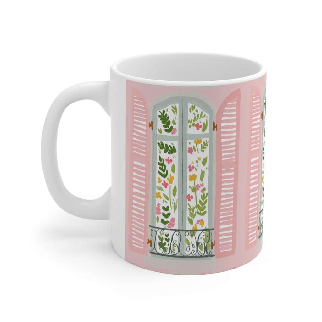 Pink Parisian Window Floral Mug — 11oz & 15oz Ceramic Coffee Cup