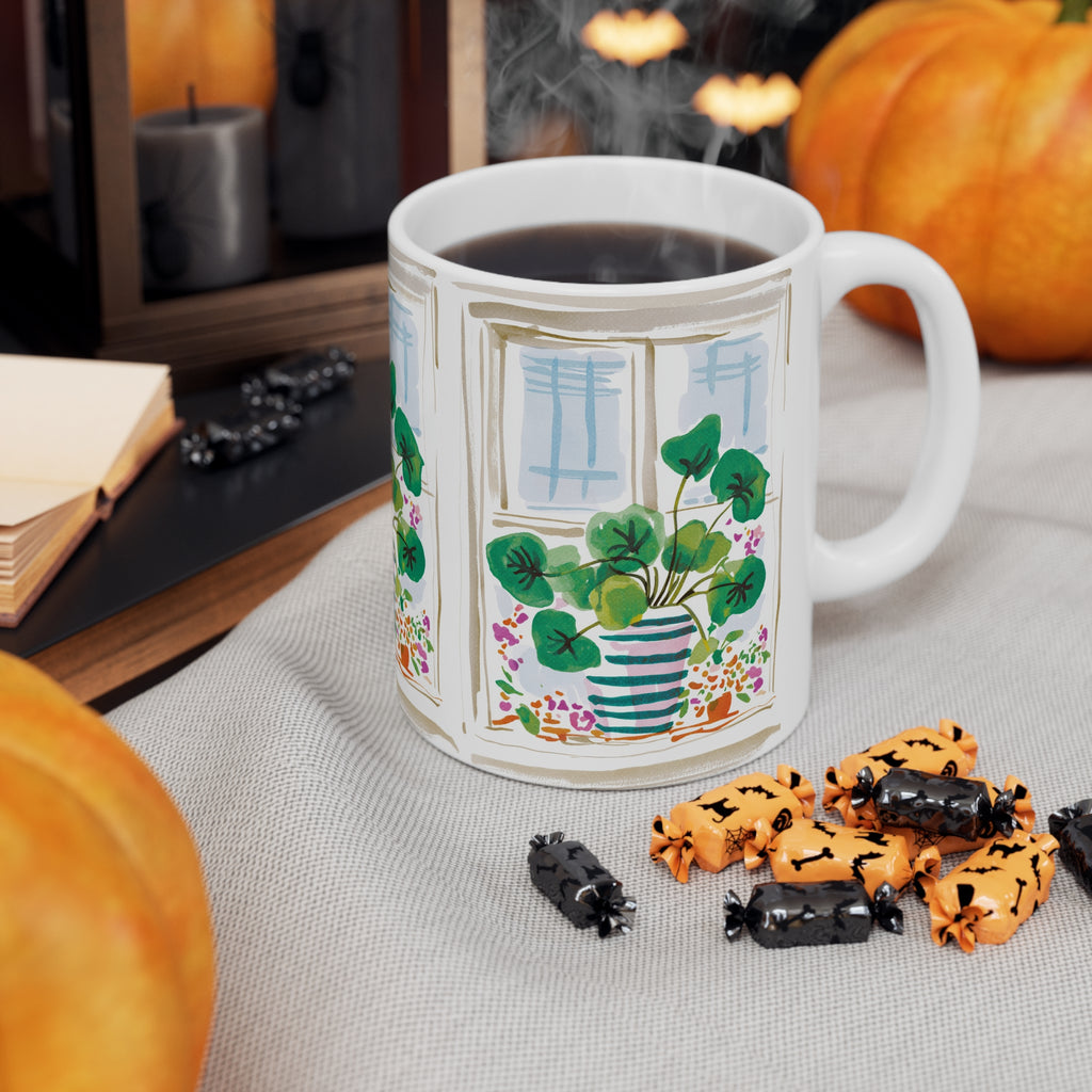 Botanical Window Coffee Mug — Potted Plant Illustration Ceramic Cup (11oz & 15oz)