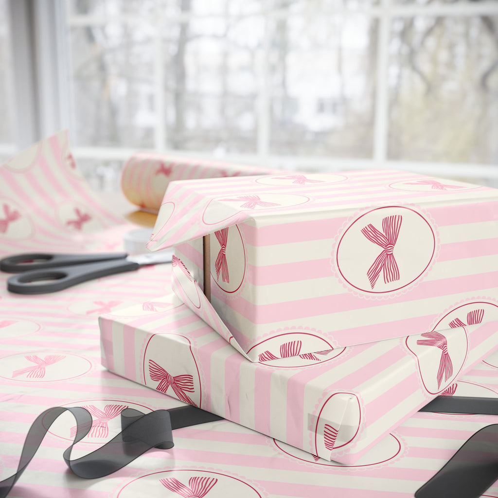 Pink Bow Wrapping Paper | Cute Stripe Gift Wrap