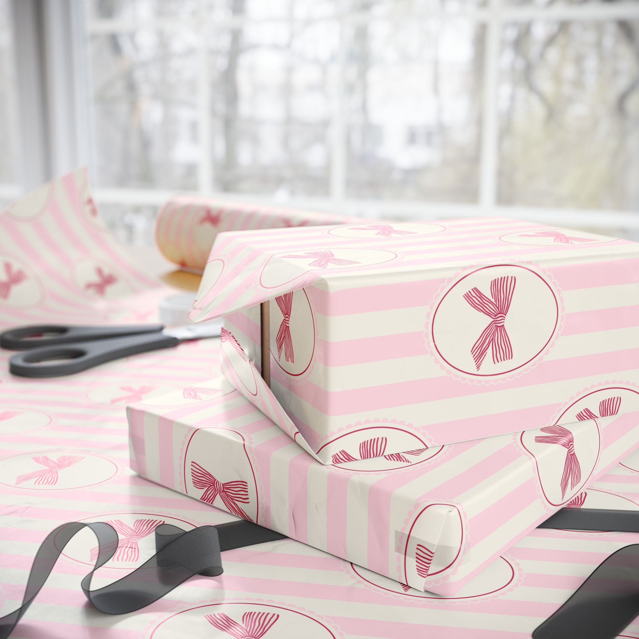 Pink Bow Wrapping Paper | Cute Stripe Gift Wrap