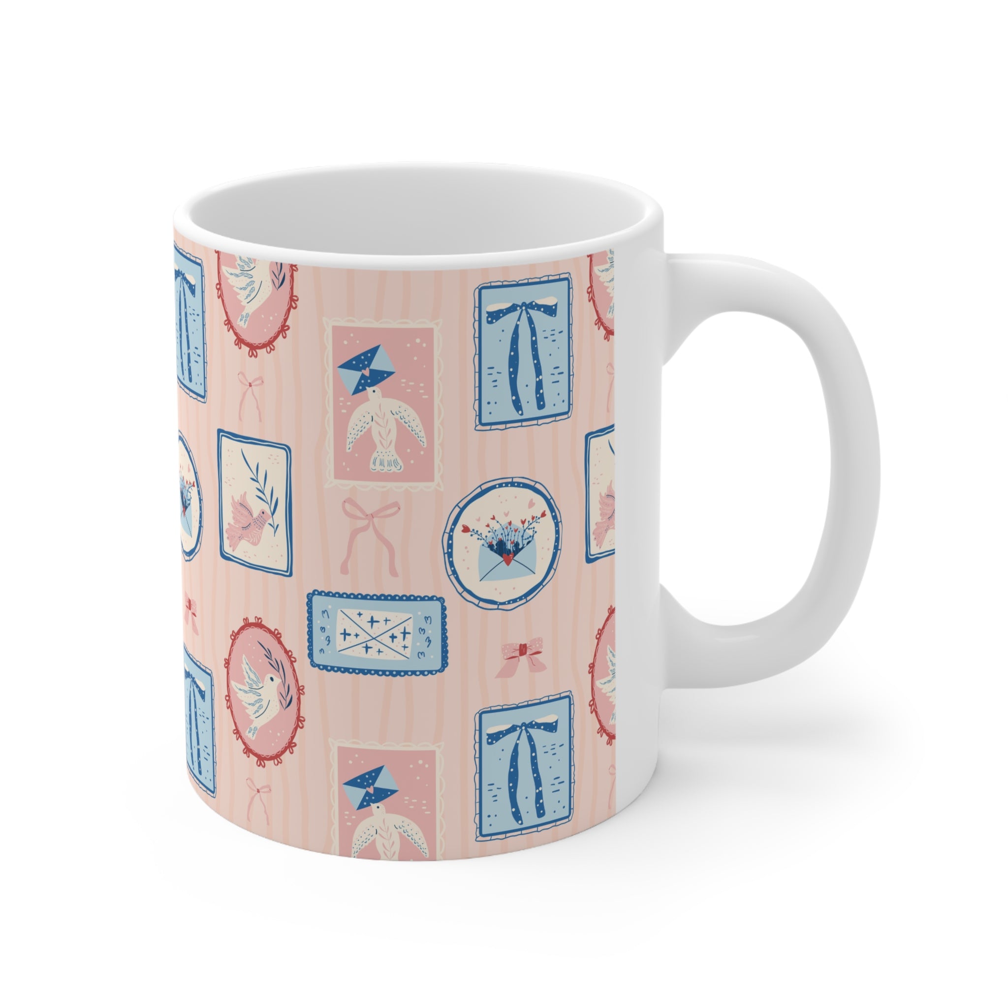 Vintage Cameo Pattern Coffee Mug — Pink & Blue 11oz/15oz Ceramic
