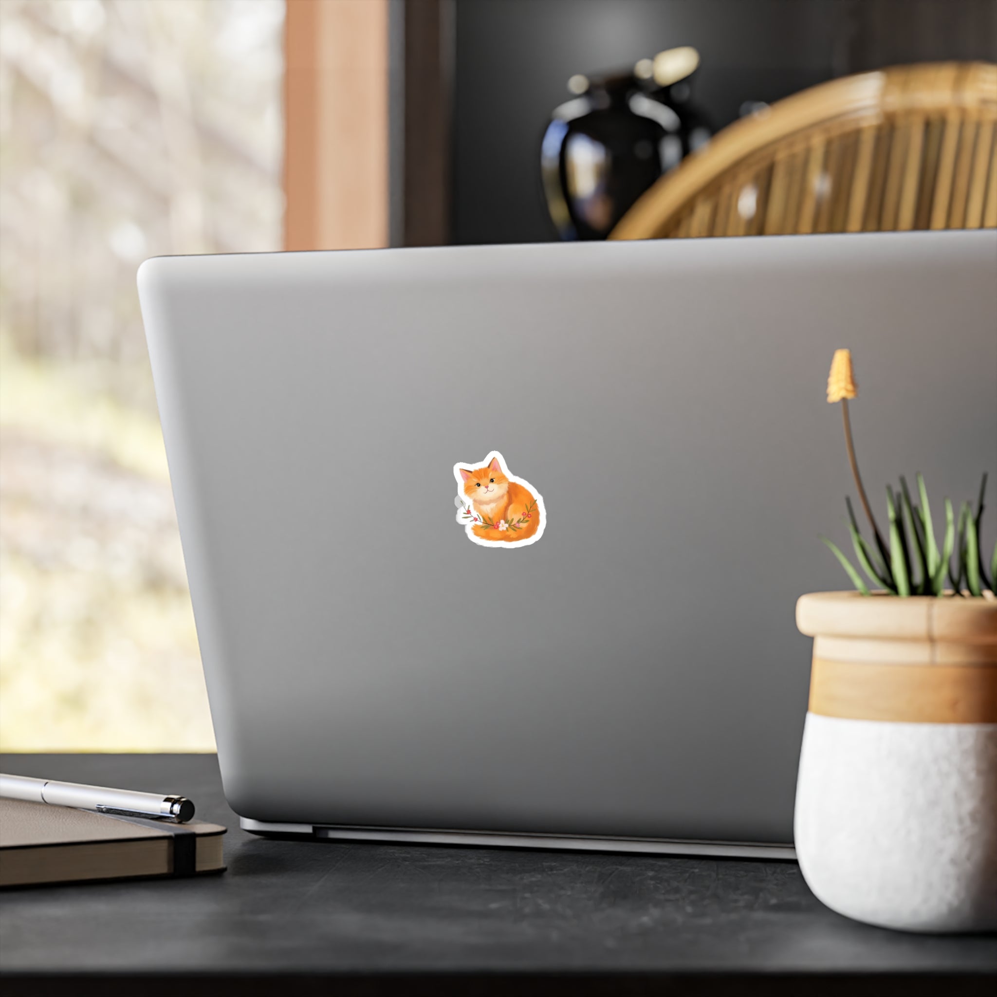 Cat Sticker | Orange Kitten Floral Vinyl Decal