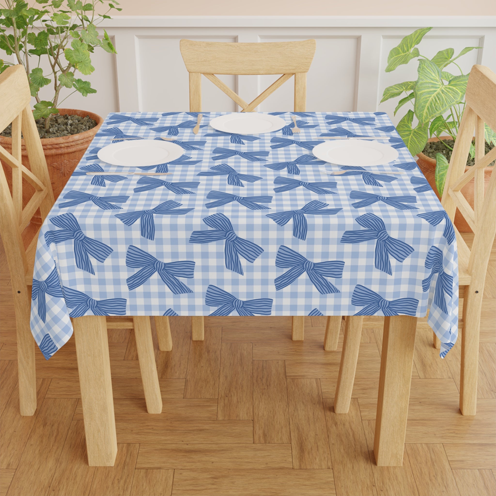 Blue Gingham Bow Tablecloth — Farmhouse Table Linen for Spring, Baby Shower & Everyday Dining