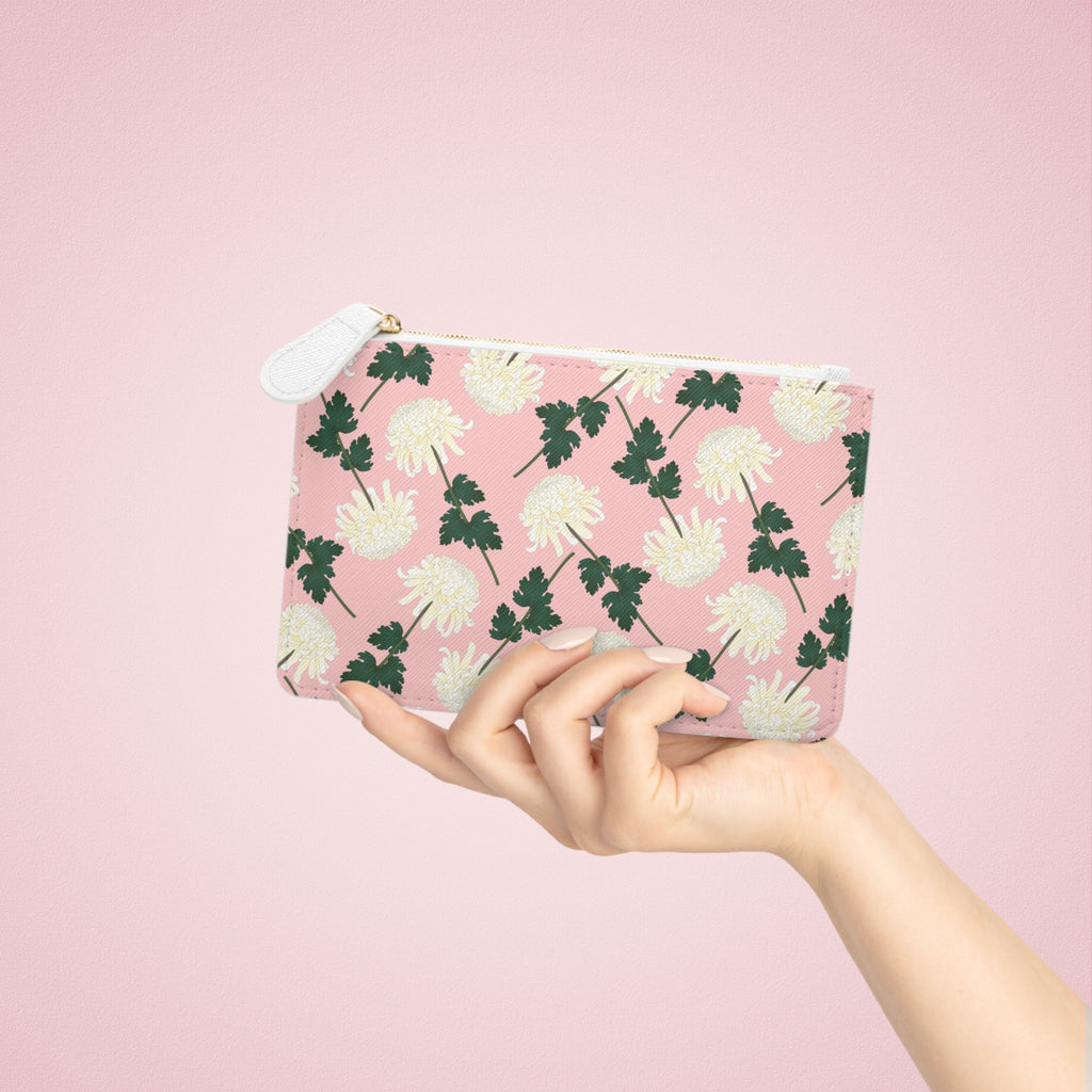 Pink Floral Mini Clutch Bag — White Chrysanthemum Pattern Coin Purse