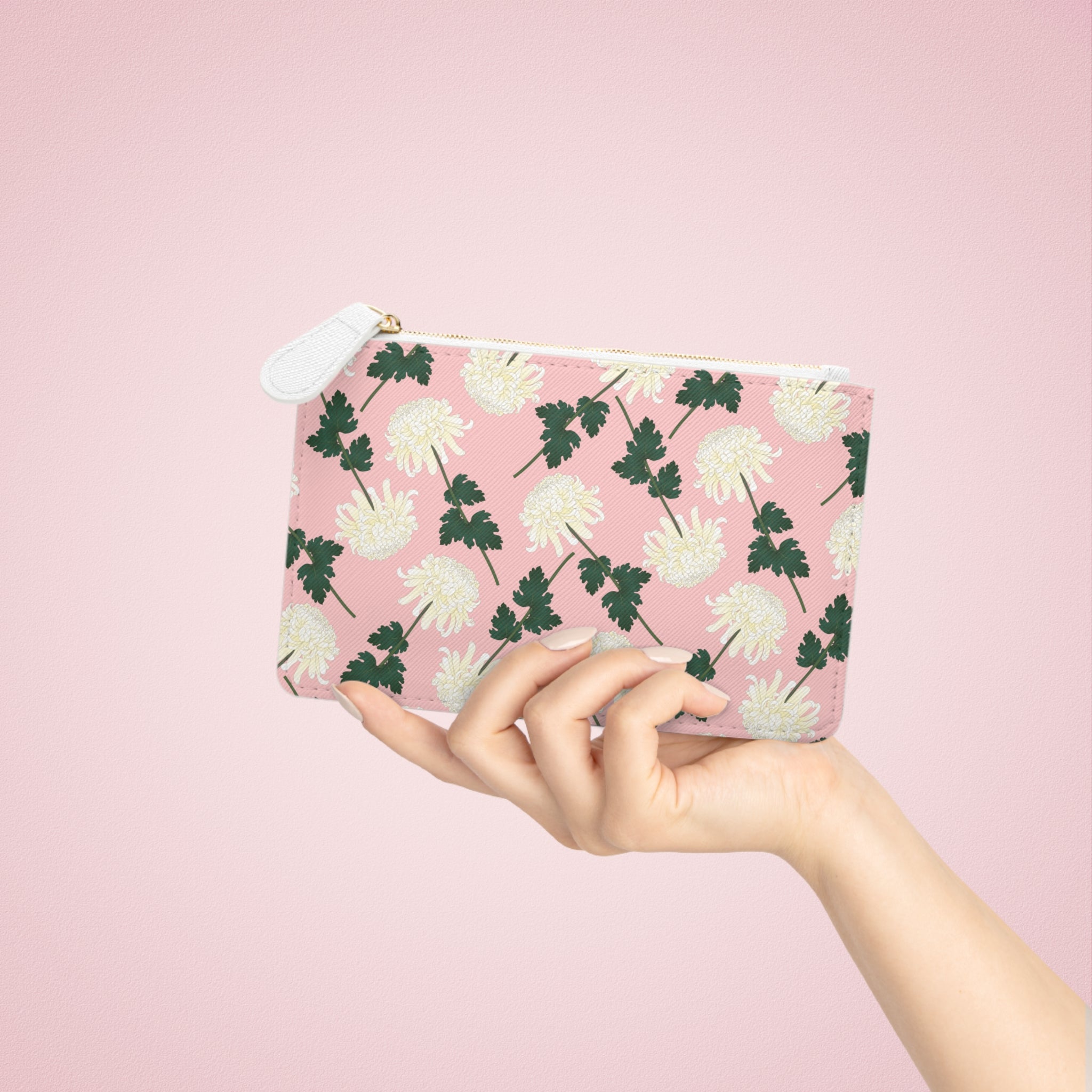 Pink Floral Mini Clutch Bag — White Chrysanthemum Pattern Coin Purse