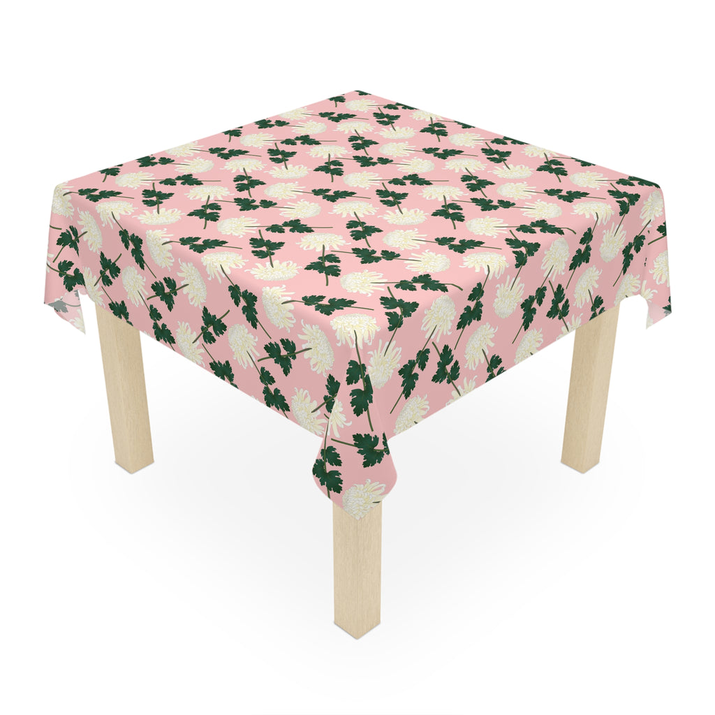 Pink Floral Tablecloth — Vintage White Chrysanthemum Pattern for Spring & Mother's Day