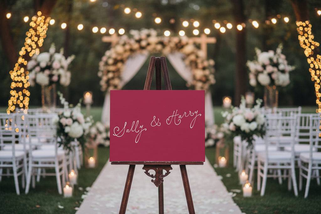 Red card with 'Sally & Harry' in white cursive text