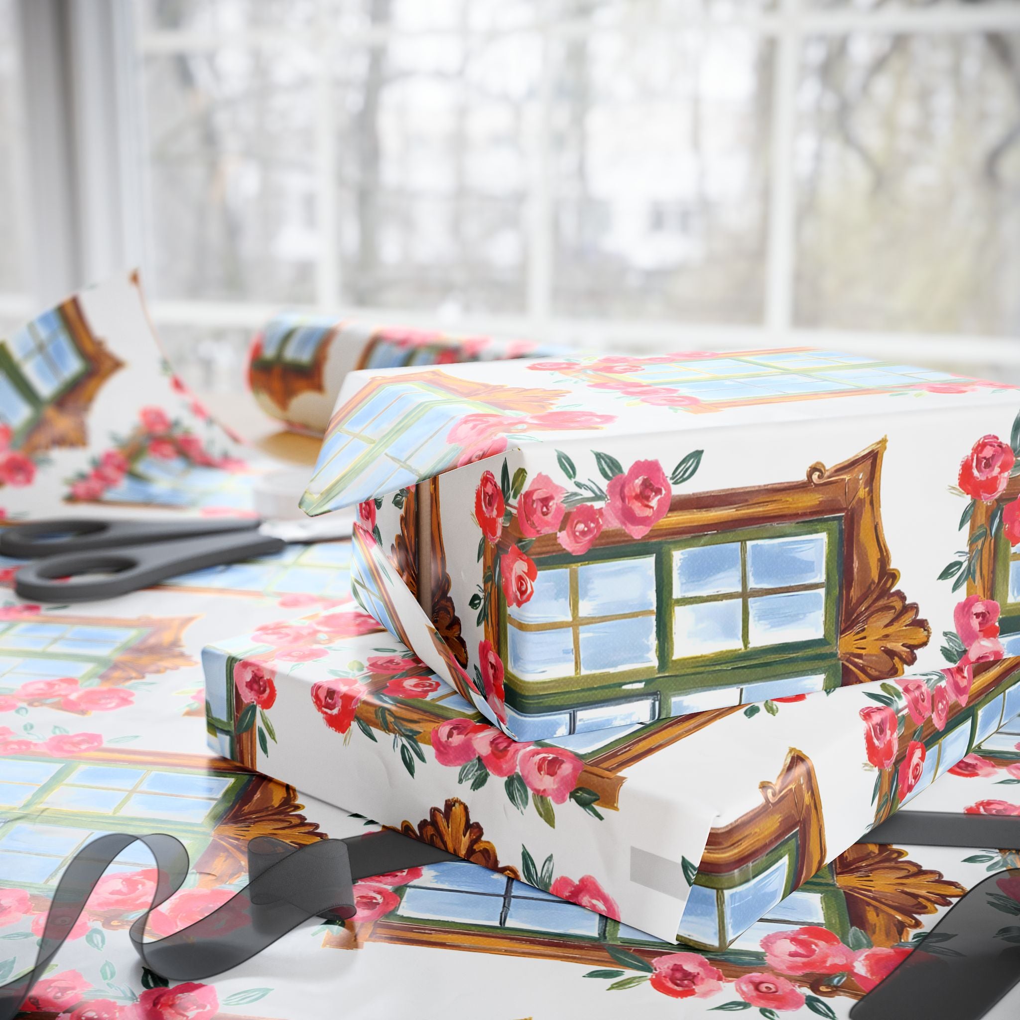 Floral Window Wrapping Paper – Vintage Rose Garland Gift Wrap