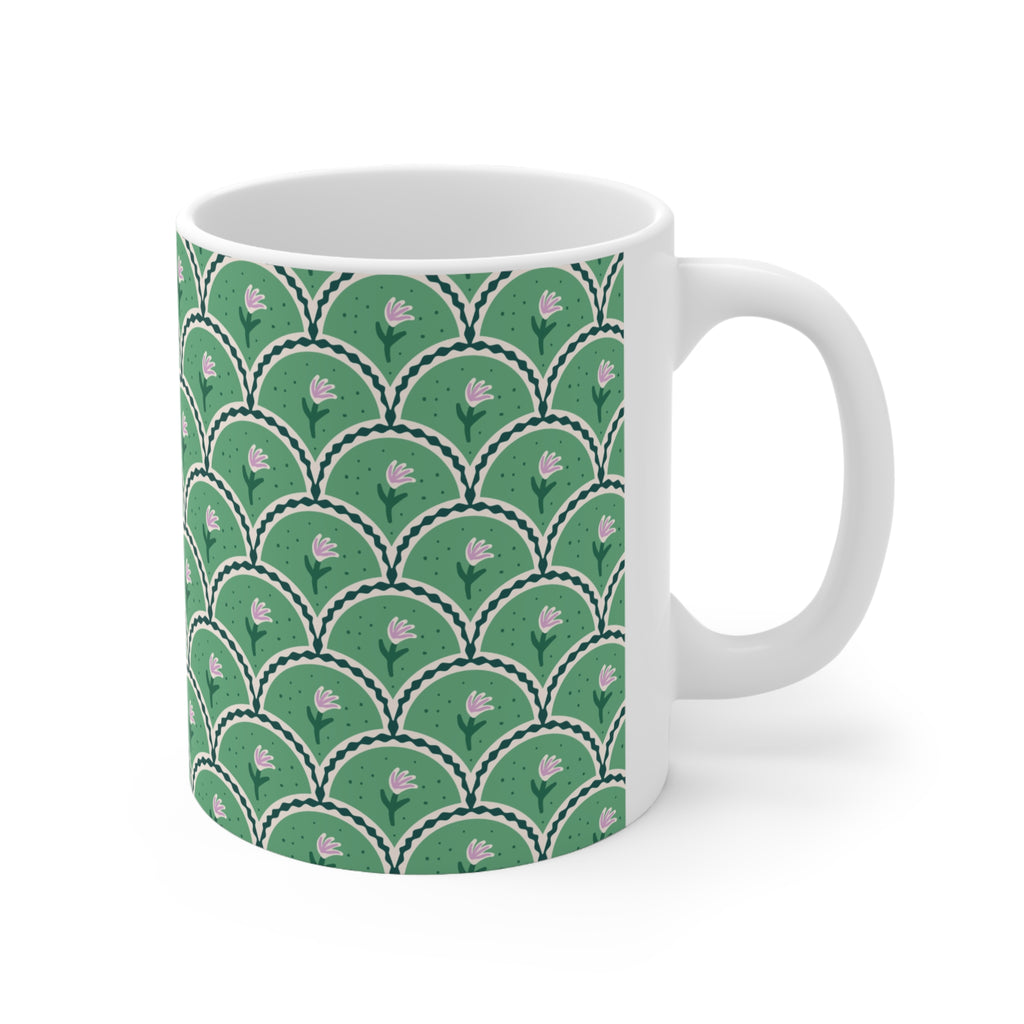 Floral Scallop Pattern Ceramic Mug — Green Lotus 11oz/15oz