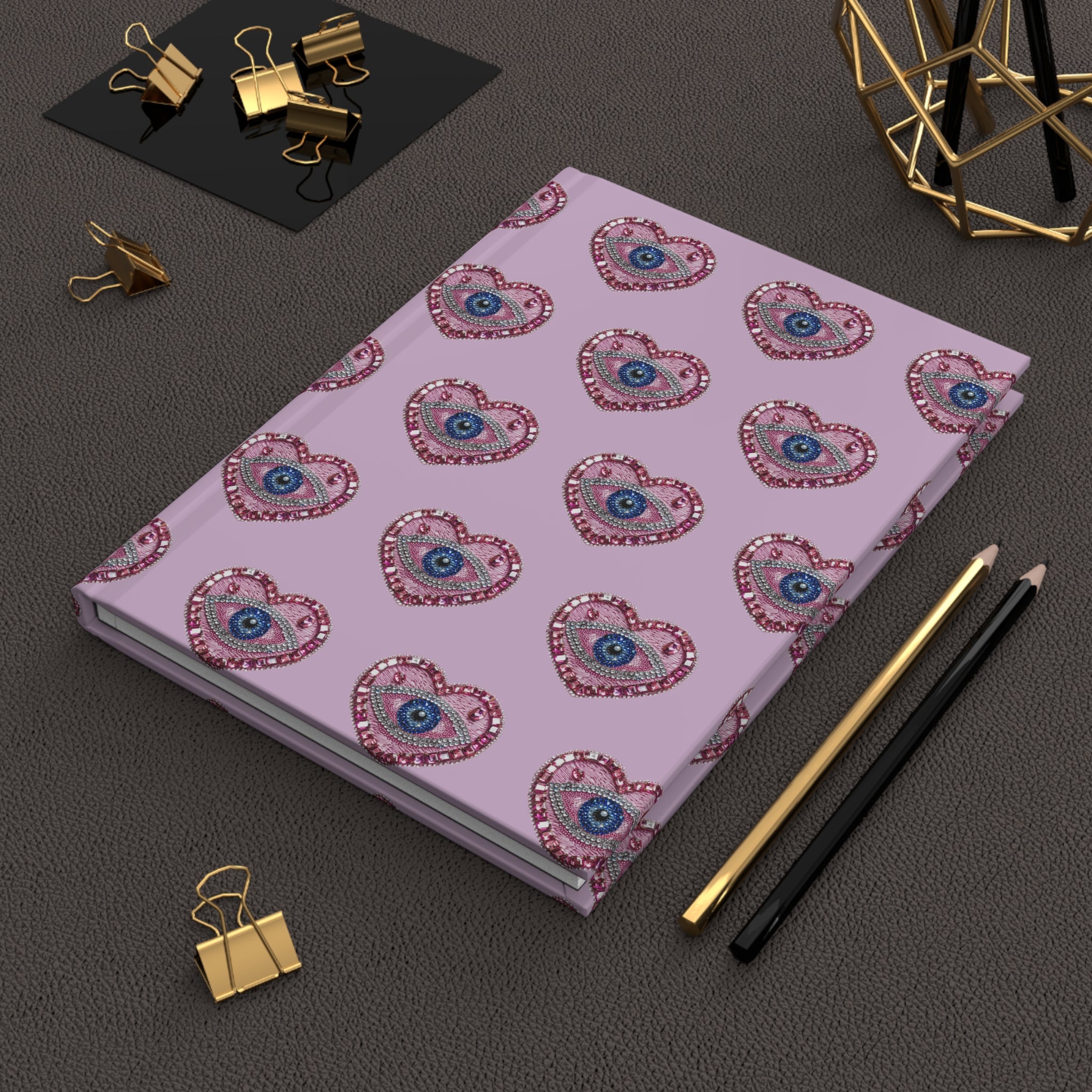 Hardcover Journal — Pink Heart Eye Pattern Notebook, Cute Mystical Writing Diary