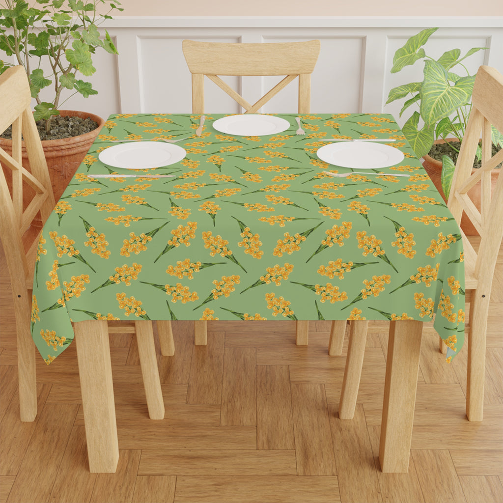 Floral Mimosa Tablecloth — Green & Yellow Spring Dining Table Cover