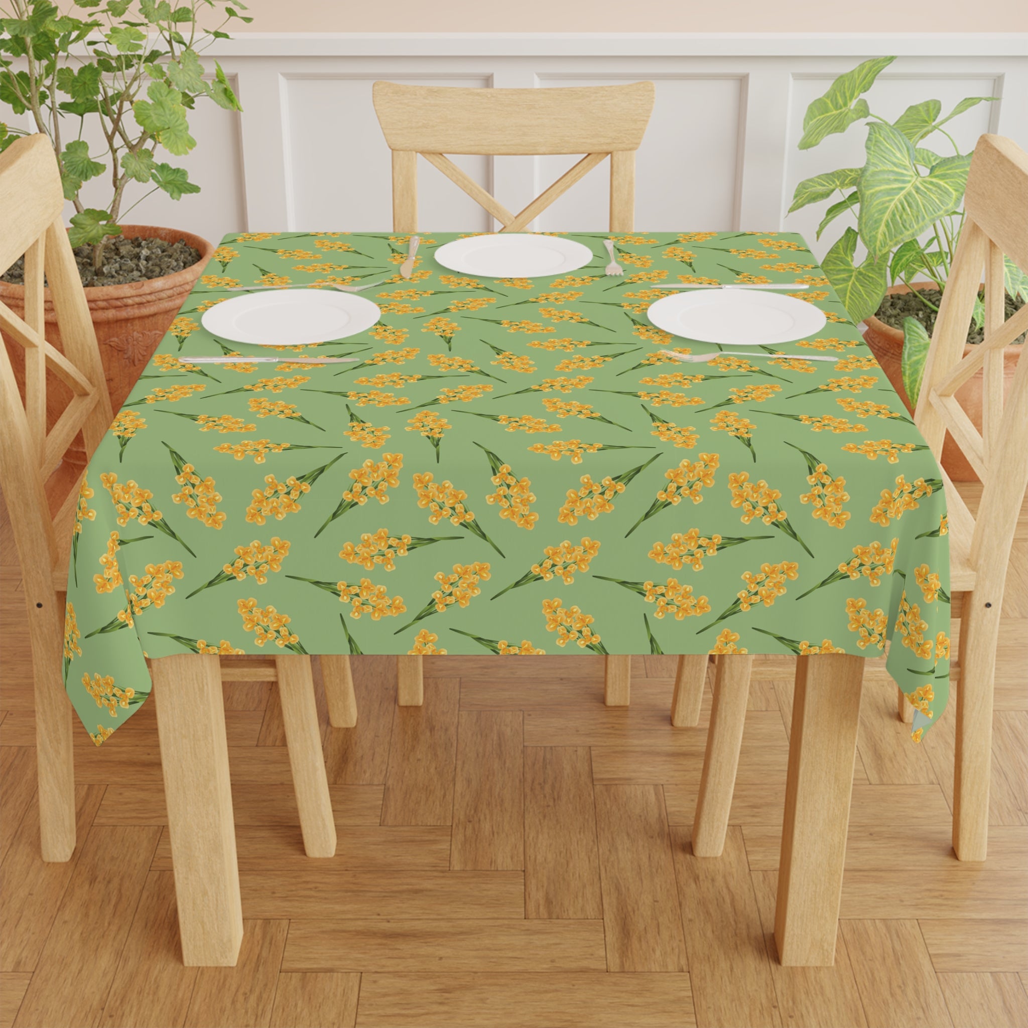 Floral Mimosa Tablecloth — Green & Yellow Spring Dining Table Cover