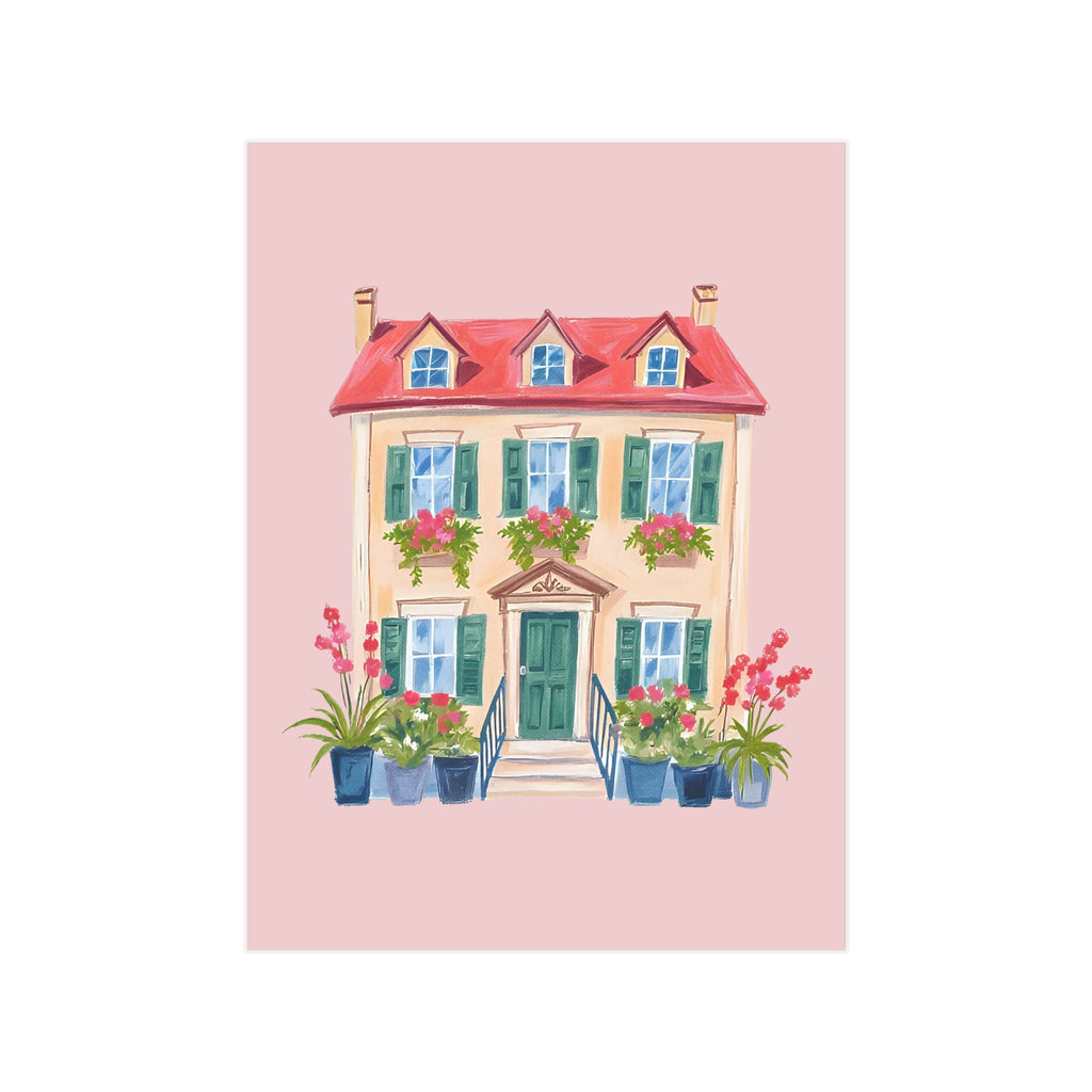 Charming Pink Cottage Print — Watercolor House Art Print