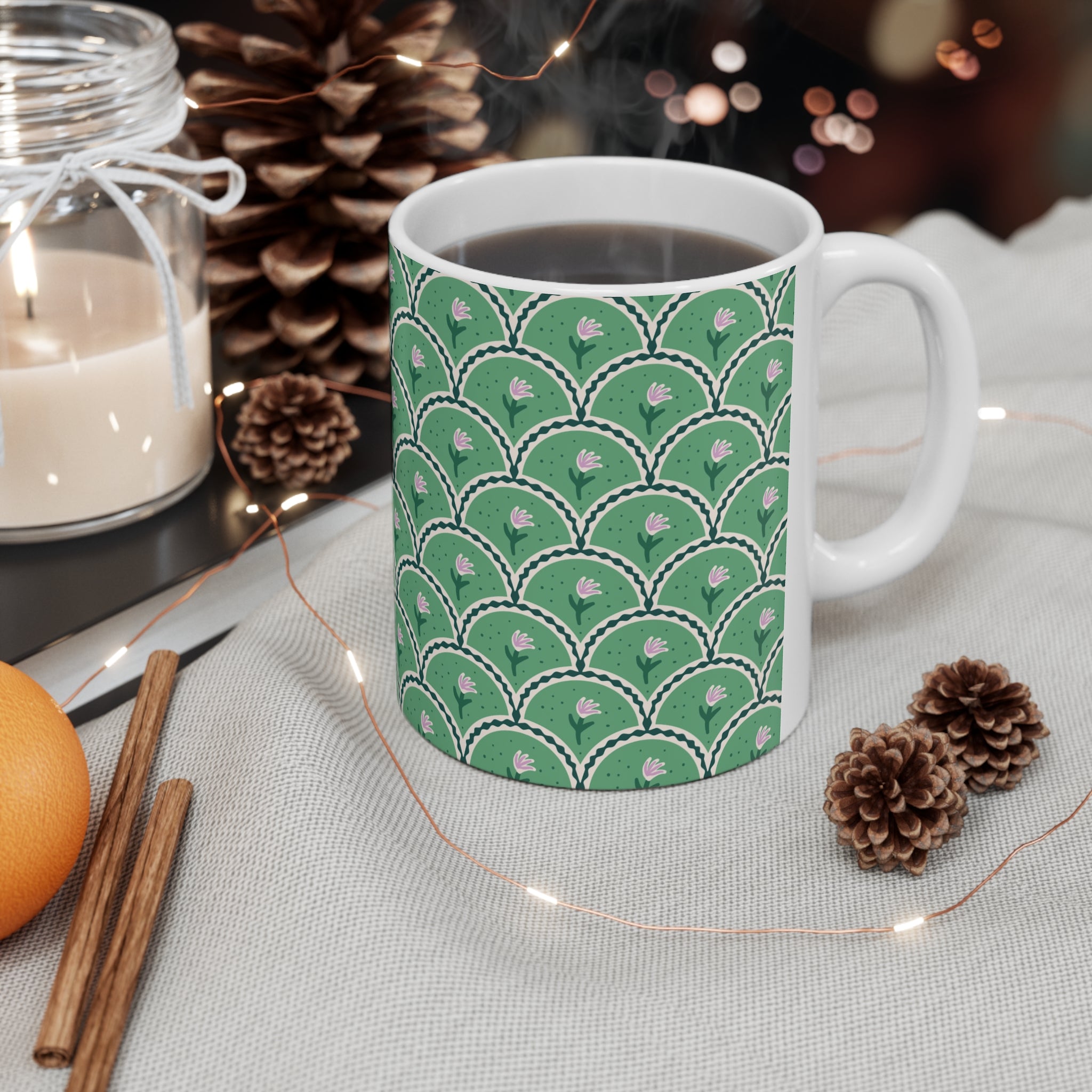 Floral Scallop Pattern Ceramic Mug — Green Lotus 11oz/15oz