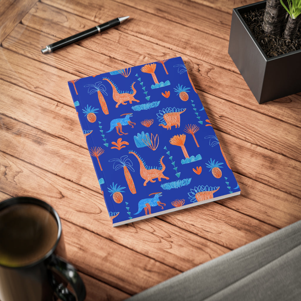 Dino Doodle A5 Notebook — Blue & Orange Dinosaur Softcover Journal