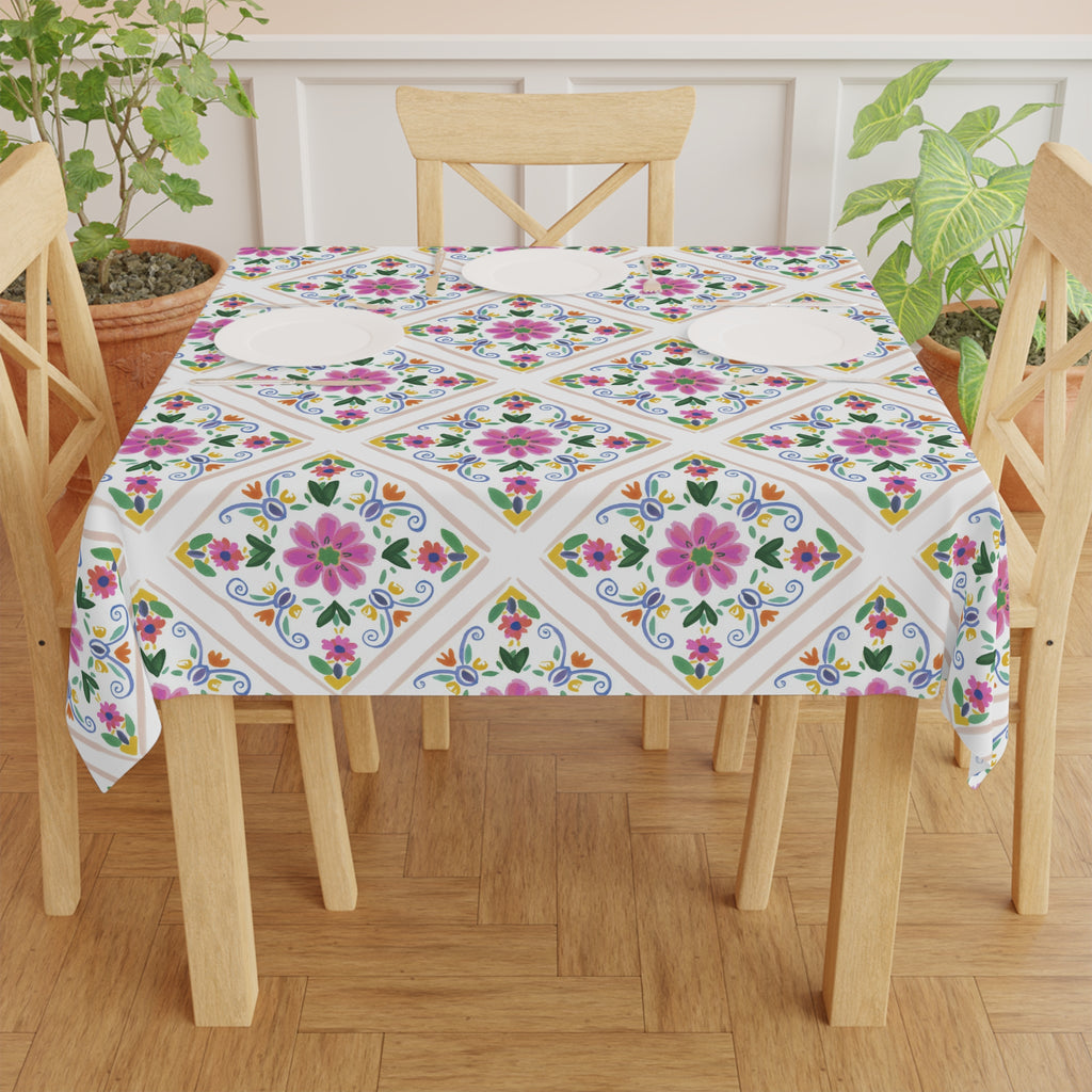 Floral Tile Tablecloth — Pink Mediterranean Mosaic Table Cover