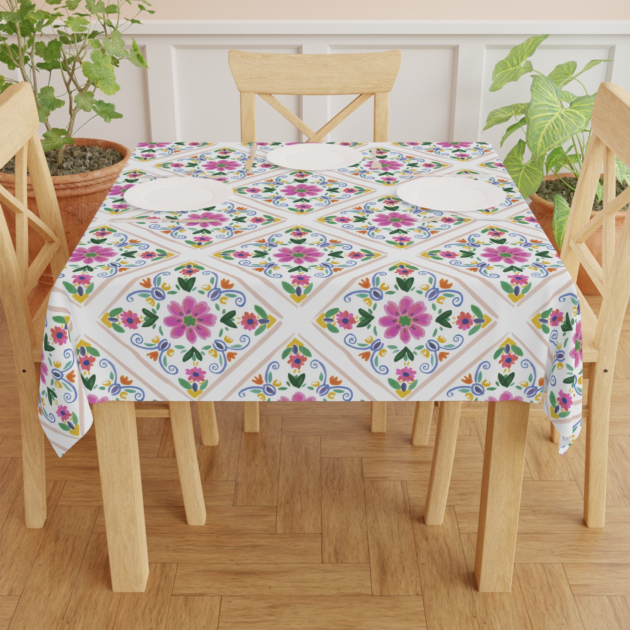 Floral Tile Tablecloth — Pink Mediterranean Mosaic Table Cover