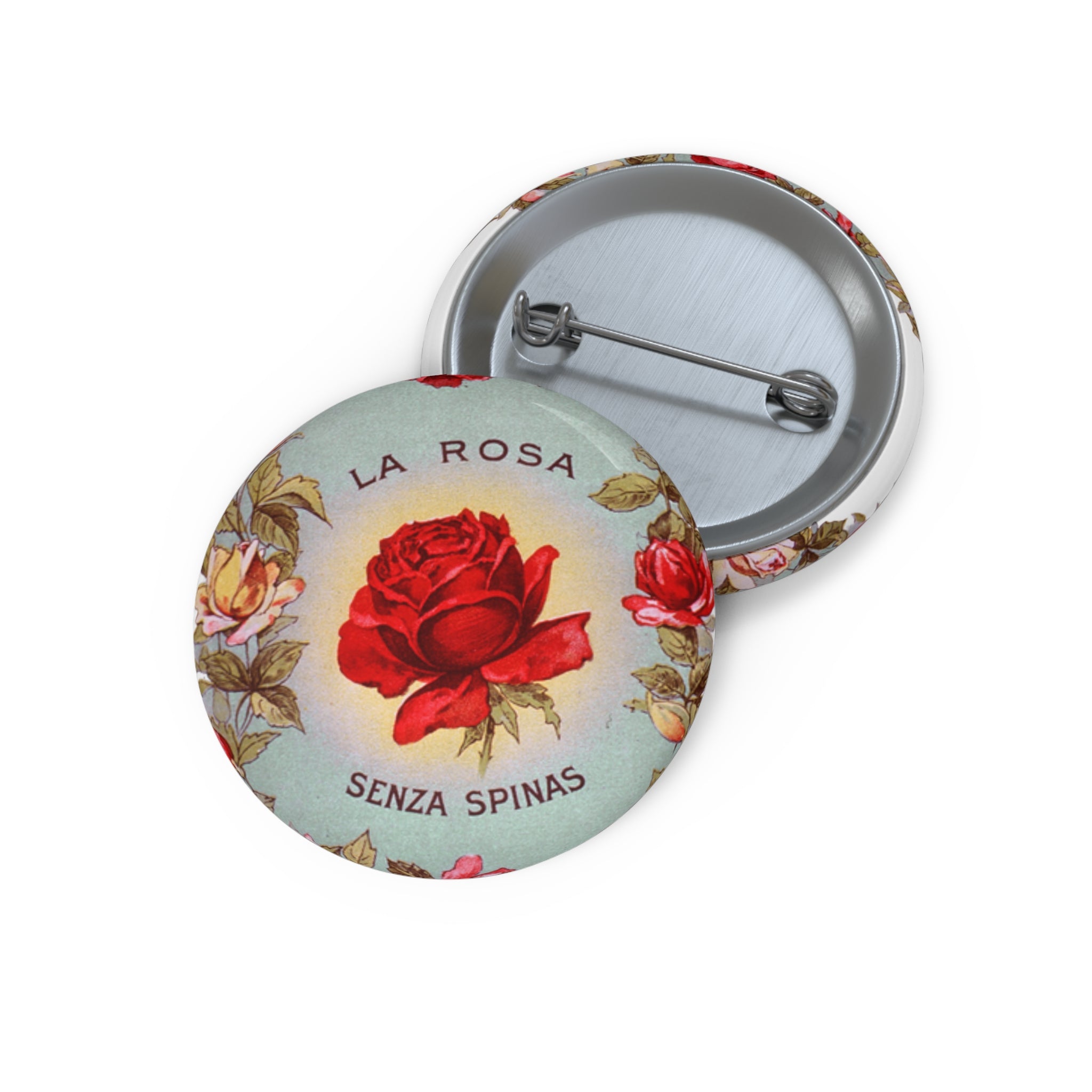 Pin Button, Vintage Rose Badge, “La Rosa Senza Spinas” Floral Pin